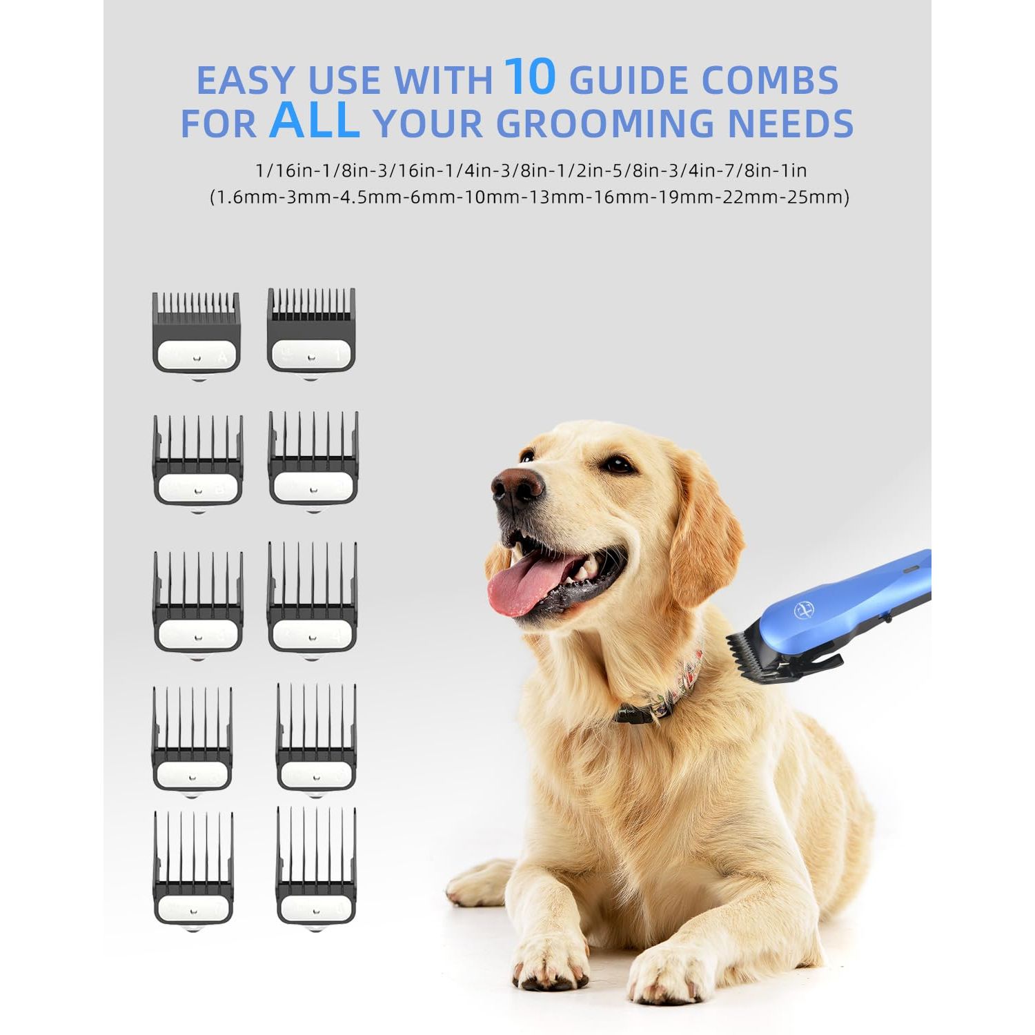 E-Hunter Professional Dog Grooming Clippers Kit, 24V High Power for Thick Coats, Quiet Dog Clippers with 10 Metal Guard Combs & Brush, Ideal Dog Hair Remover for Cats and Pets