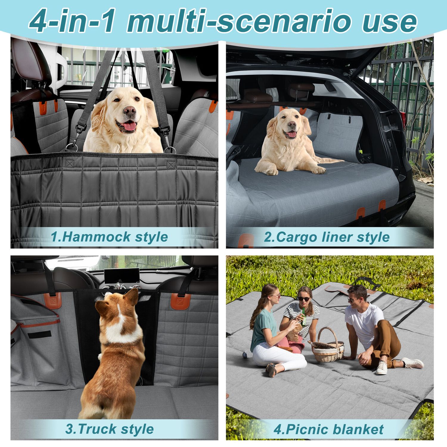 Dog Car Seat Cover for Back Seat Waterproof Pet Seat Protector Grey Black