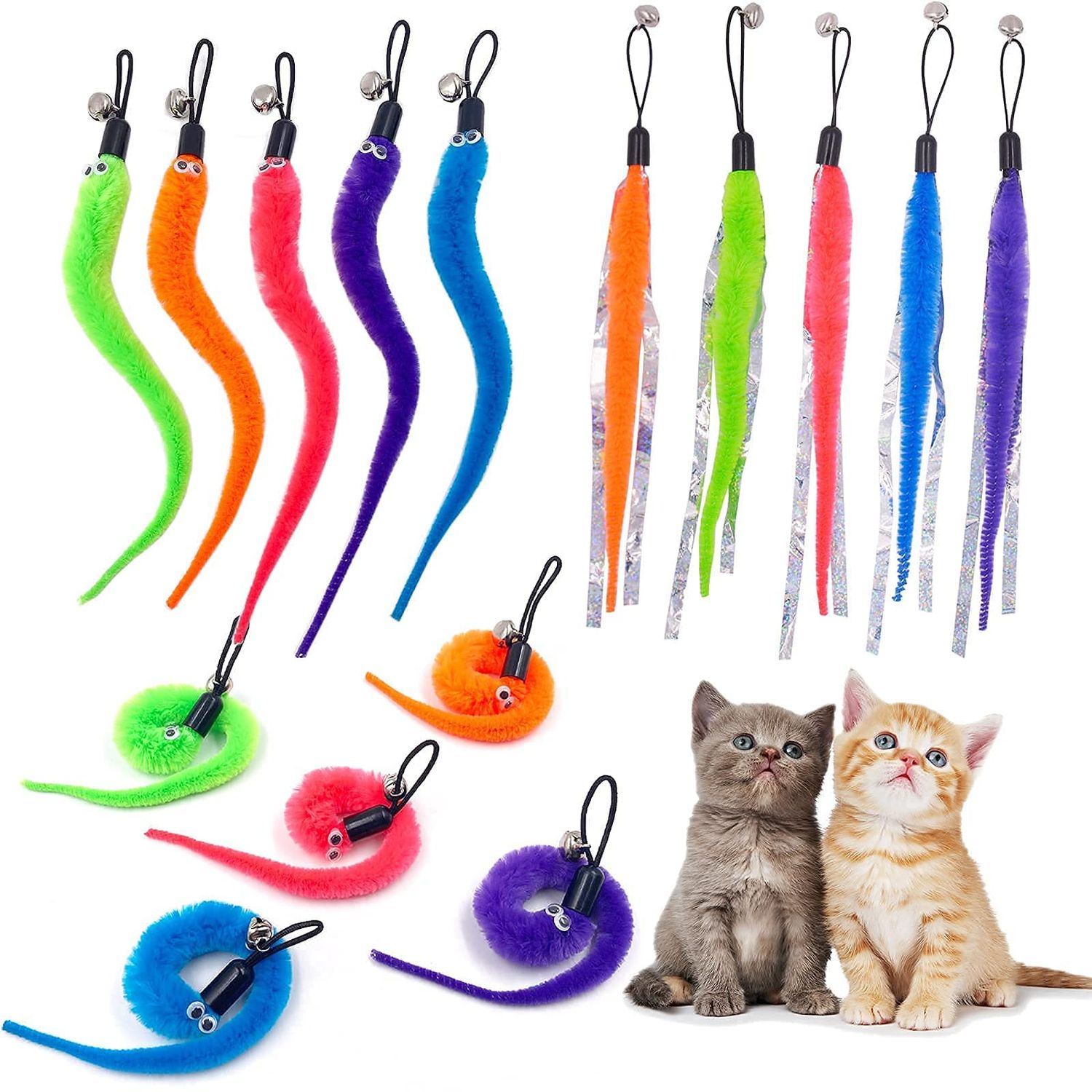 TIENAILING Cat Worm Toy Refills Cat Toys Wand Replacement, 15 Pieces Cat Worms Refill, Worm Cat Toy Attachment for Cat Wand