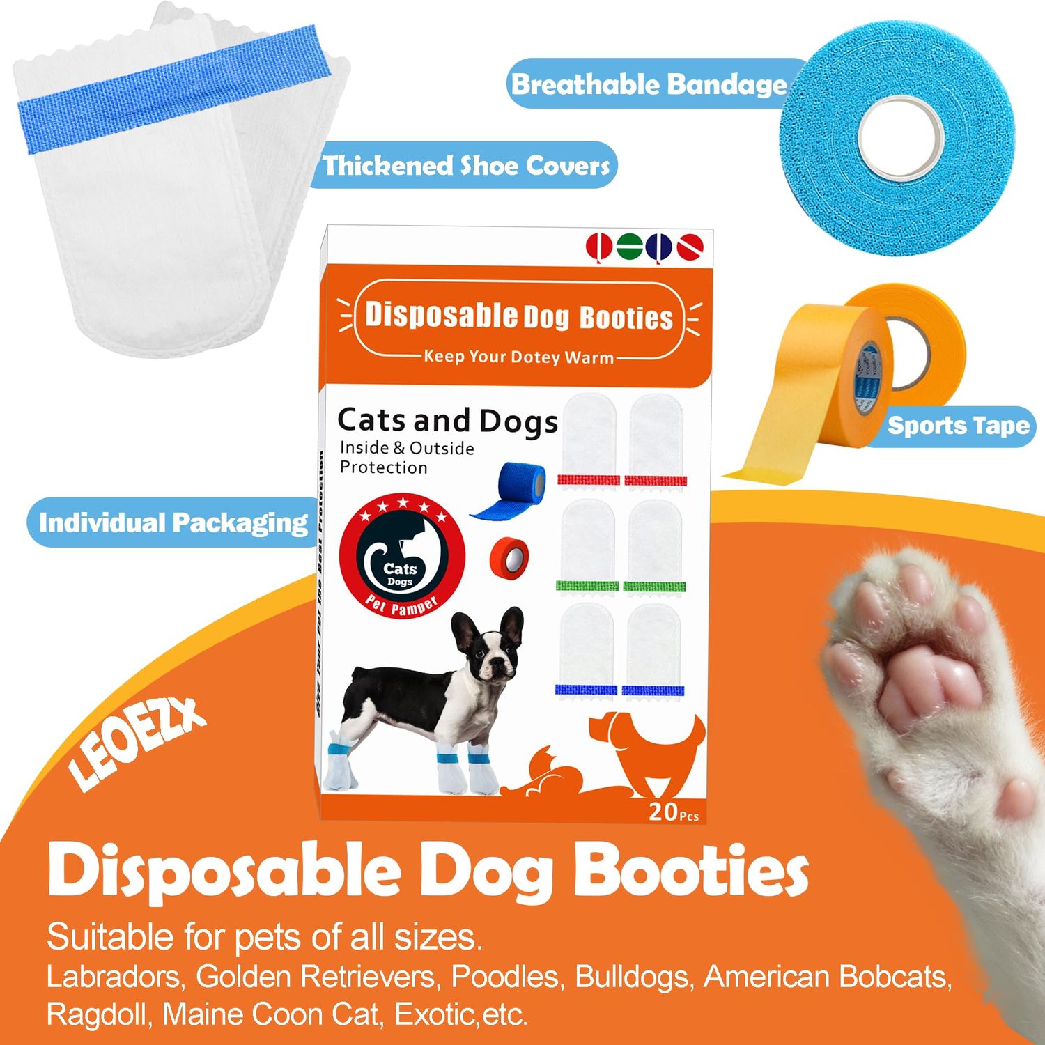 Disposable Dog Booties | Dogs Boots & Paw Protectors | Puppy Socks to Prevent Licking Paws | Waterproof Dog Boots for Small/Medium Breed Dogs | Single Hose Bandages for Pet