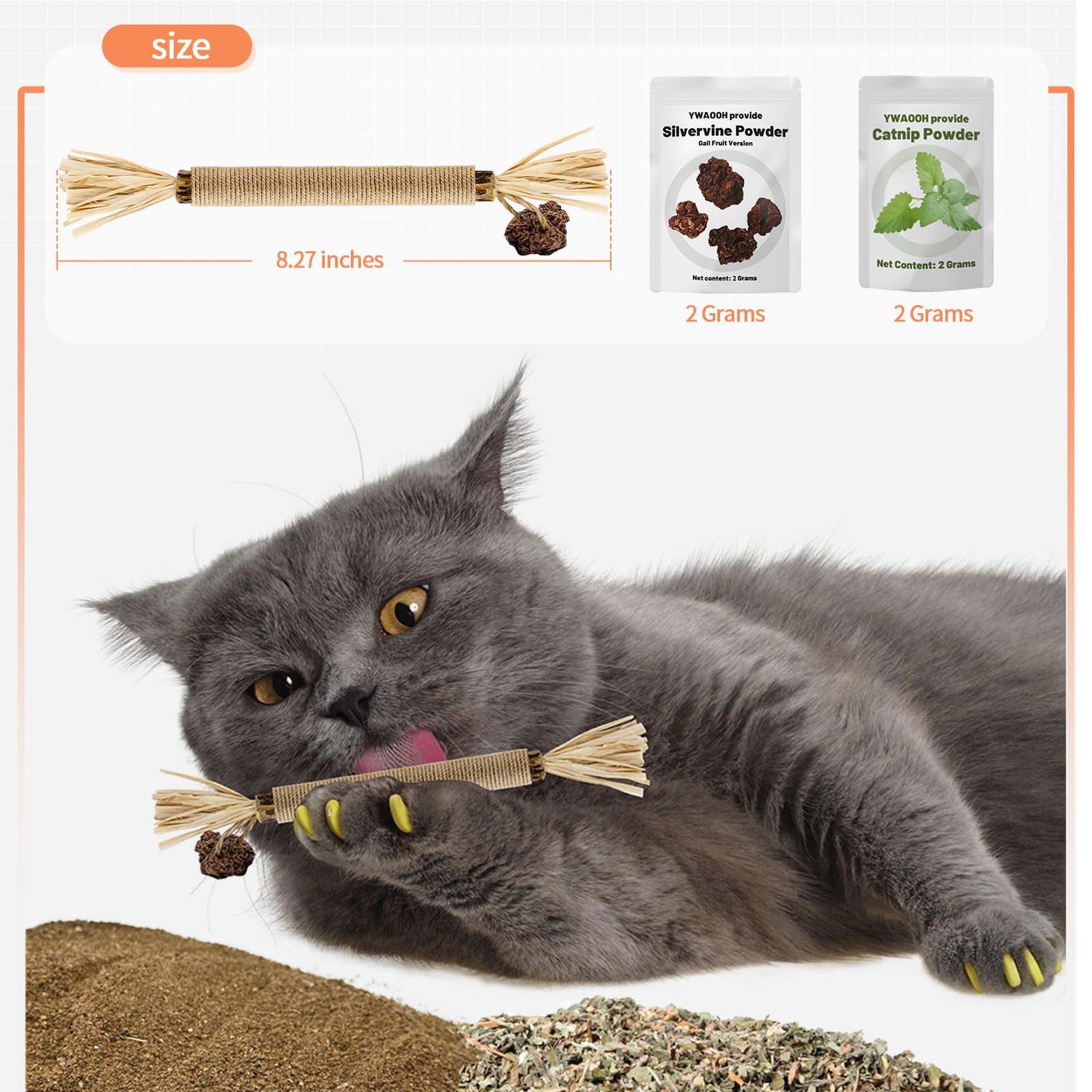 YWAOOH Cat Toys, 6 Silvervine Chew Sticks & 1PCS Organic Catnip & 1PCS Silvervine Powder, Cat Dental Toys for Kitten Teeth Cleaning, Matatabi Cat Toy