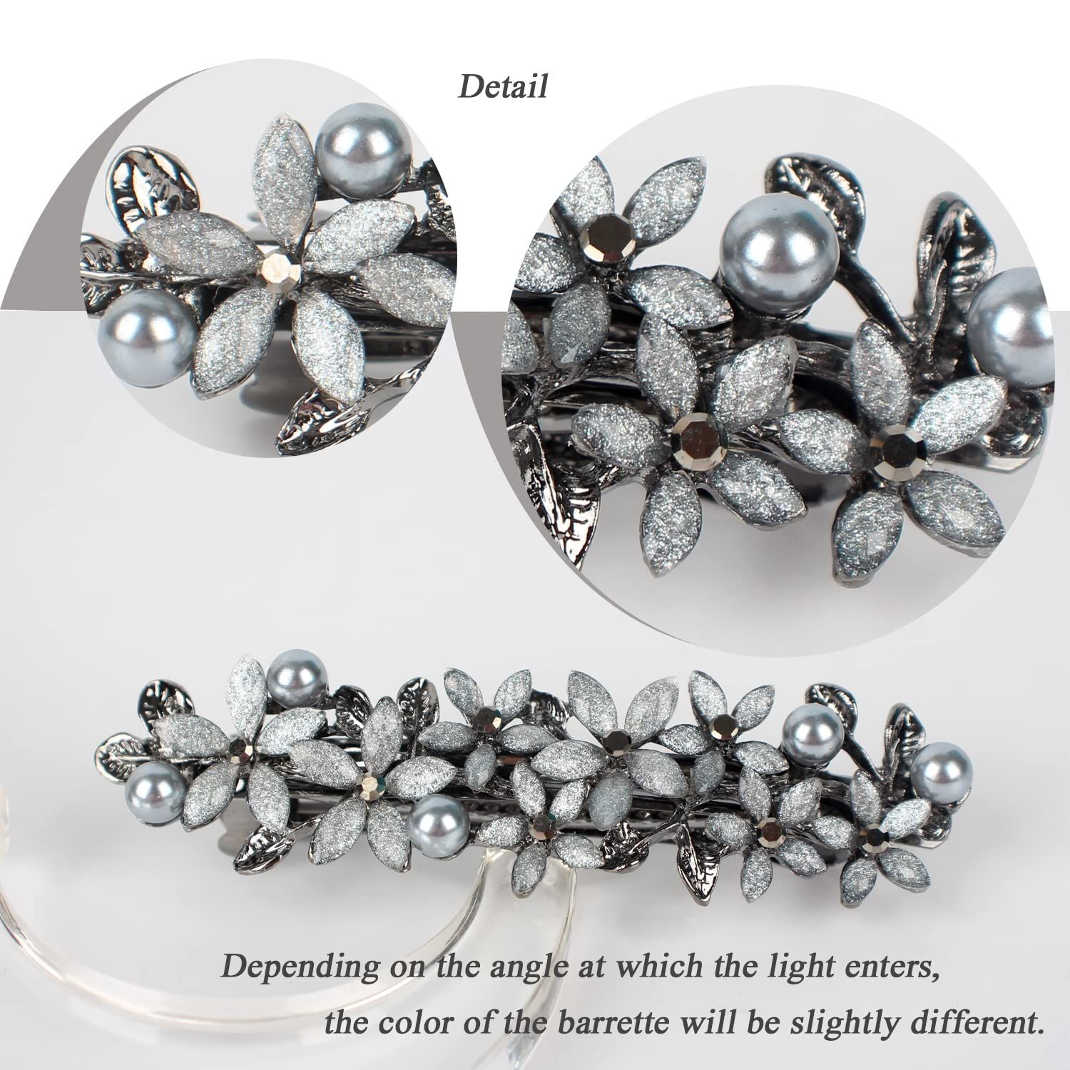 Barrettes for Women,with Flower bloom appearance,embedded Rhinestone and imitation Pearls as Decoration,elegant and retro Hair clip.light grey
