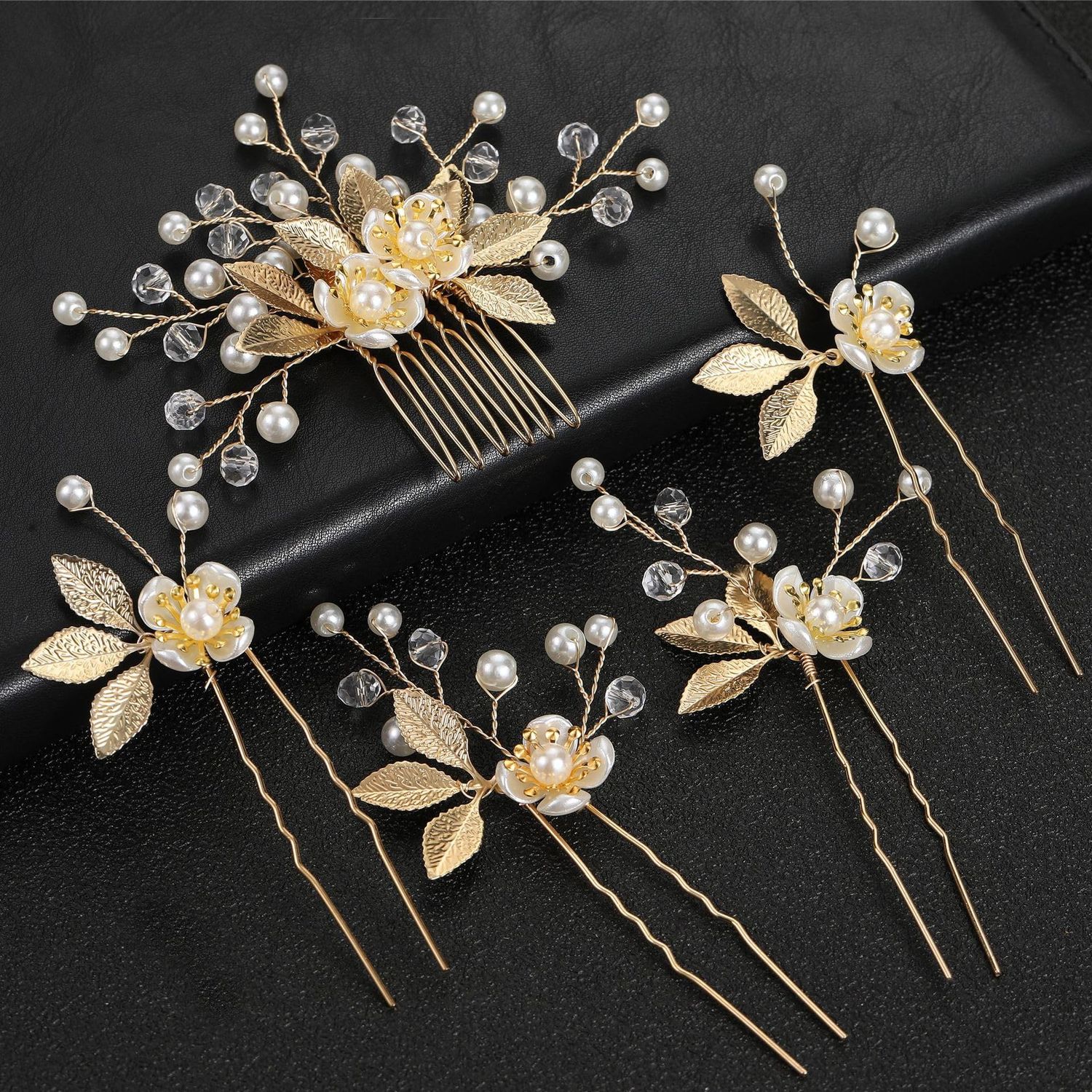 CASOLVX 5 Pieces Gold Leaf Hair Pins Bride Hair Clips Headpiece Flower Pearl Hair Forks Classic Wedding Hair Accessories for Women, Brides and Bridesmaids