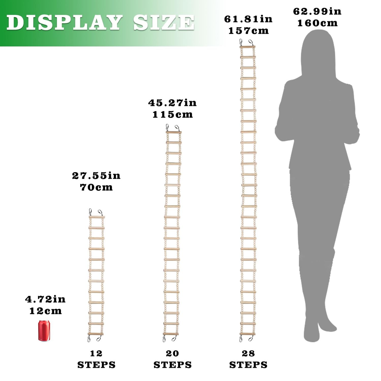 Long Bird Ladder with Wooden Rungs and Beads, Parakeet Climbing Swing Toys, Bird Cage Accessories, Wooden Climbing Bridge Toys for Parrots, Rat, Sugar Gliders, Squirrels, Snakes