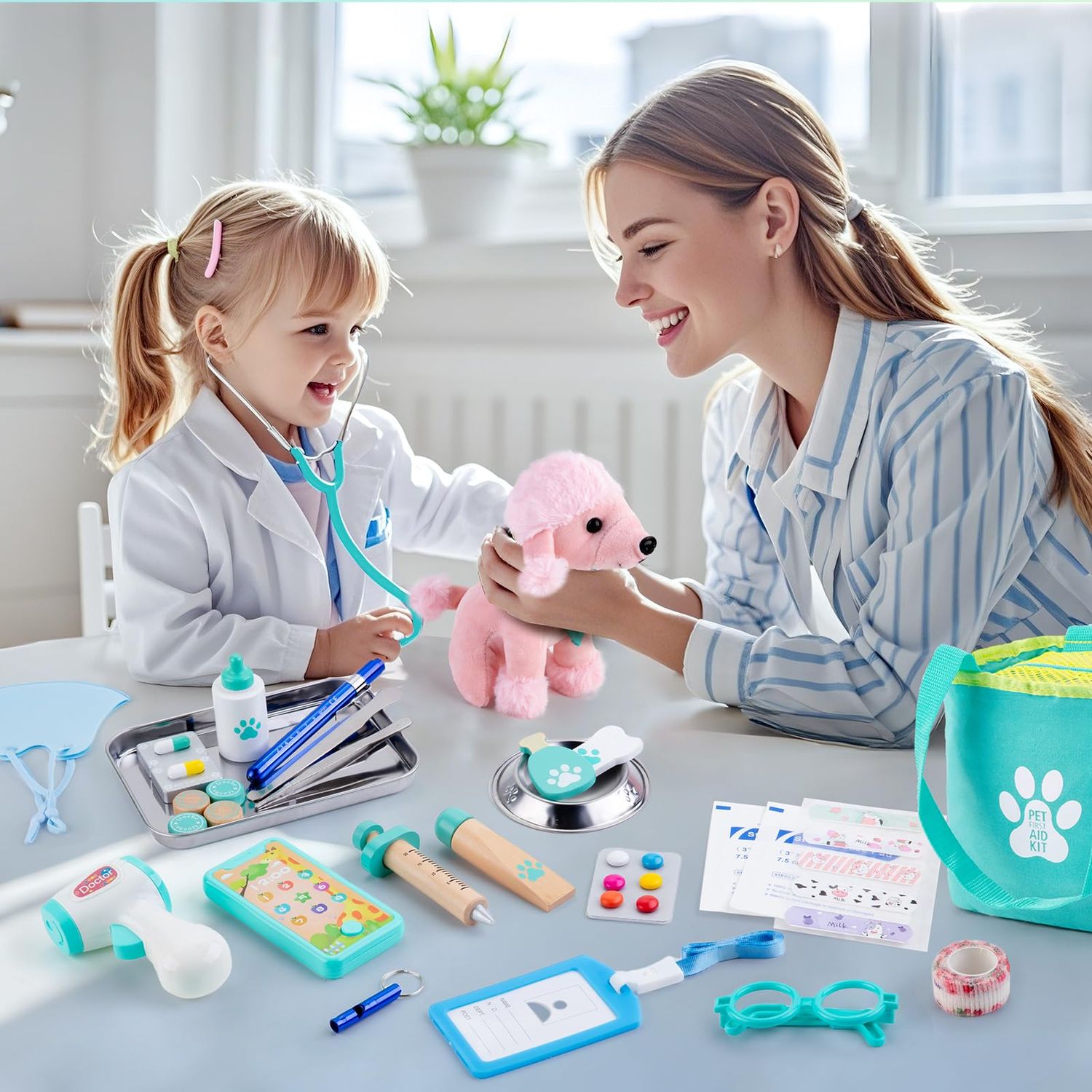 Doctor Kit for Toddlers 3-5 with Dog Toy 37 PCS Veterinarian Playset for Kids Doctors Play Set Pretend Play Doctor Set Vet Kit for Kids Medical Kit with Real Stethoscope Doctor Toys for Girls Age 3+