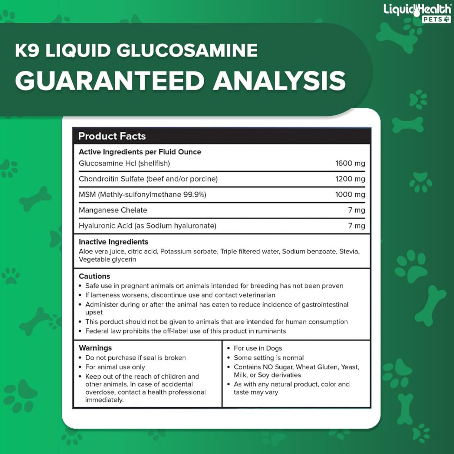 LIQUIDHEALTH 32 Oz K9 Liquid Glucosamine for Dogs, Puppies and Senior Canines - Chondroitin, MSM, Hyaluronic Acid – Joint Health, Dog Vitamins Hip Joint Juice, Dog Joint Oil