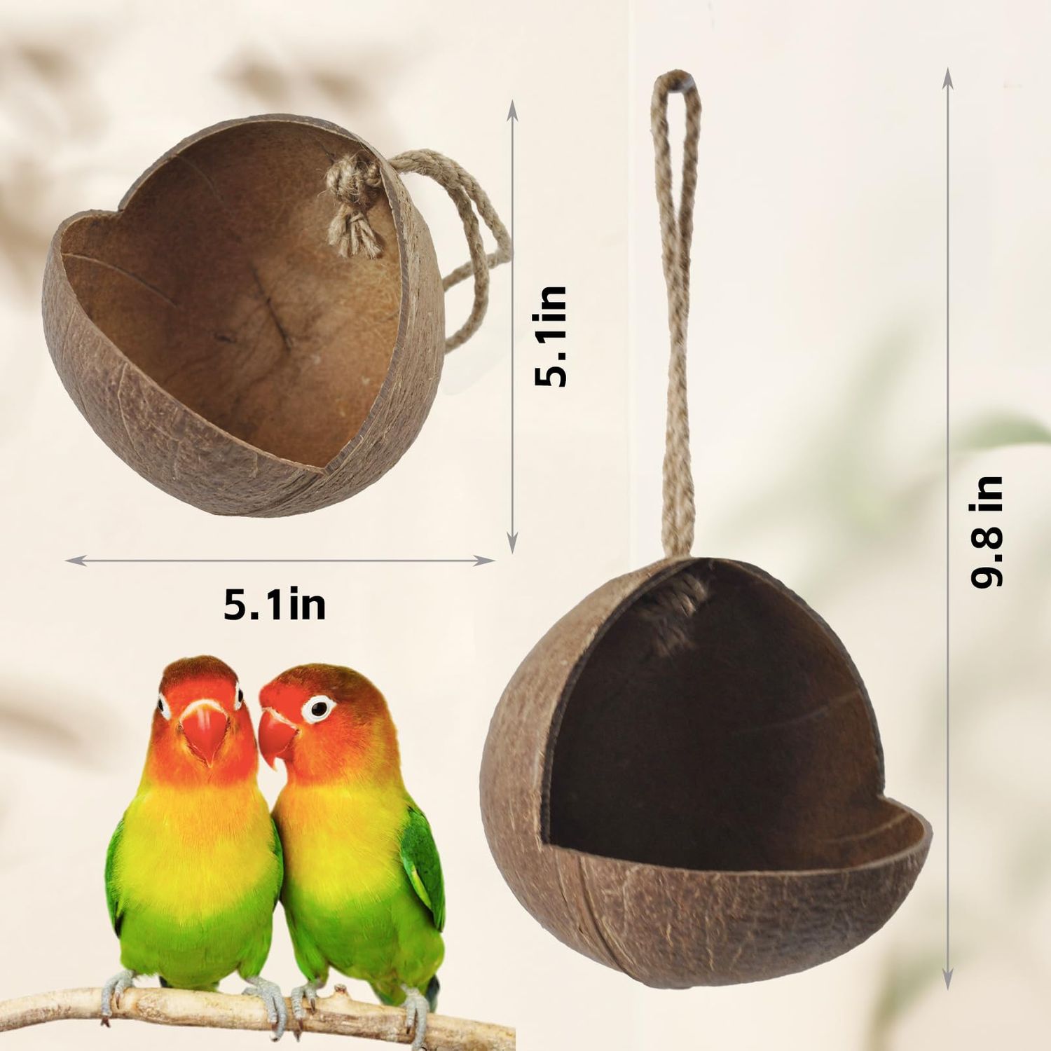 MUYG Natural Coconut Bird Nest,Hanging Coco Birds House Habitats Decor,Parrots Coconut Shell Nest Hideout with Grinding Beak Toys,Bird Cage Accessories Coconut for Canary Lovebird Cockatiel
