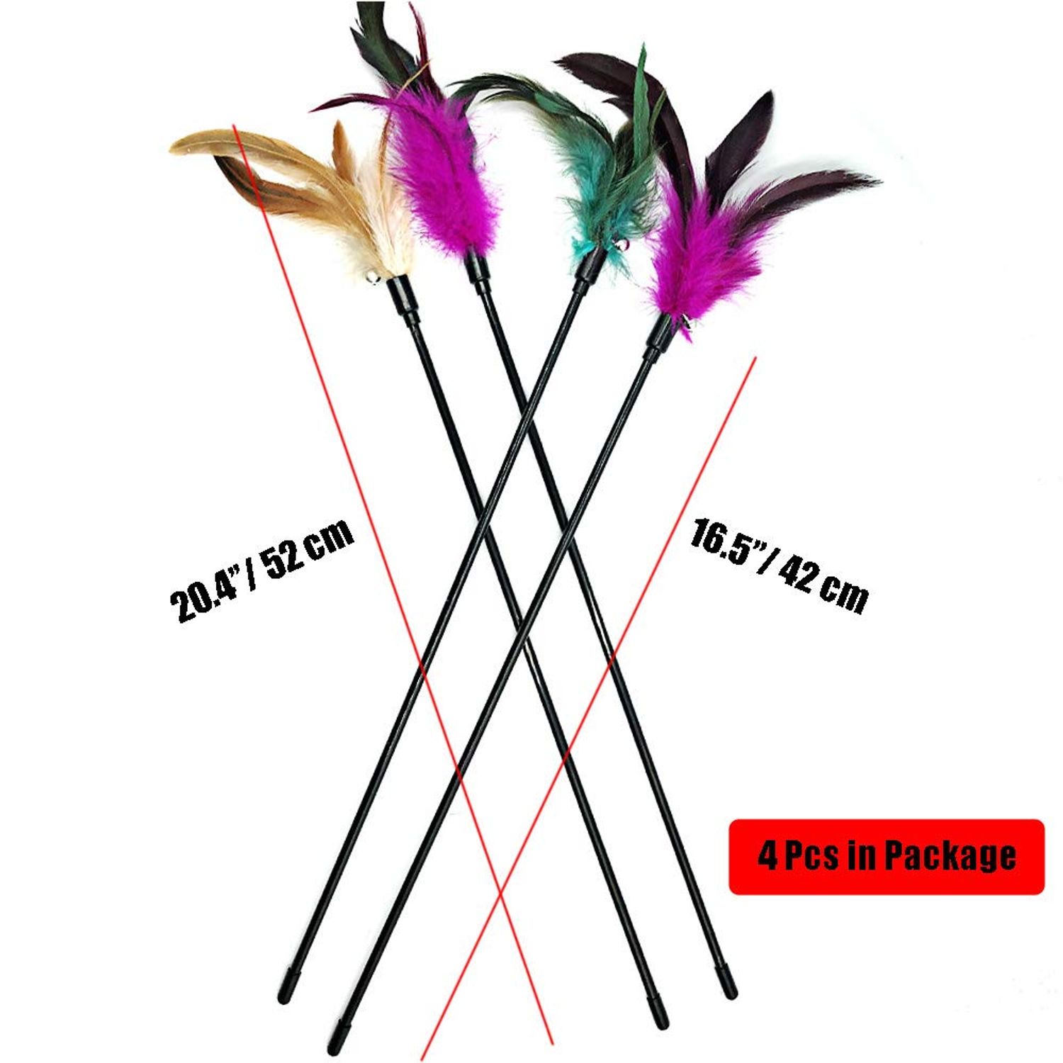 Cat Wand Toys, 4 PCS Interactive Cat Teaser Wand Cat Feather Toys with Loud Bell - 20" Long Wand for Cat and Kitten