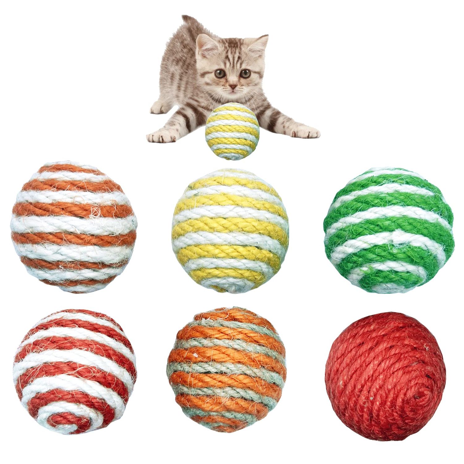 Qusmeiyici 6Pcs Cat Sisal Balls Toy, Best Cat Toys for Indoor Cats - Cat Nip Toys & Woven Wool String Rattle Ball Toy Set for Cats(Random Color)
