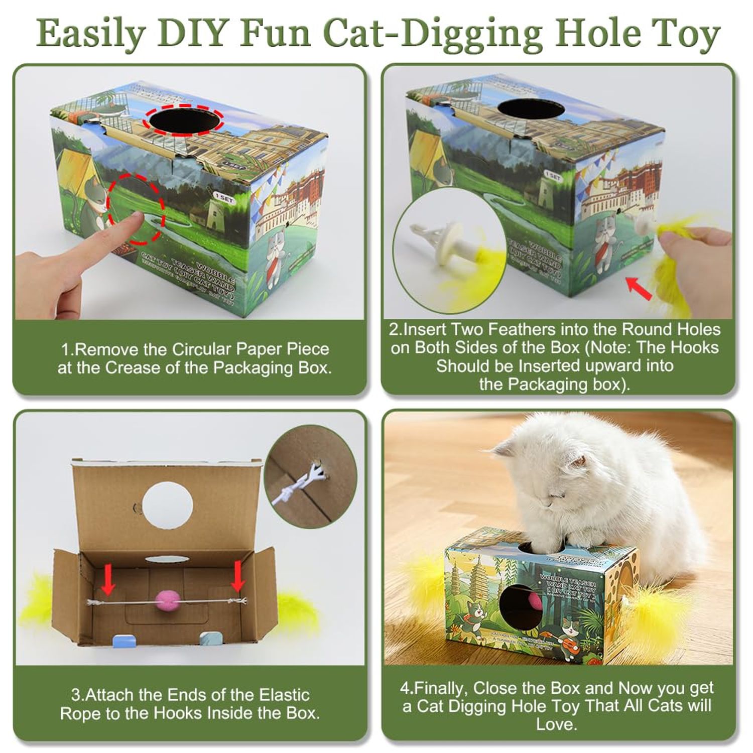Abnaok 2-in-1 Cat Toy, Cat Interactive Toys for Indoor Cats Kitten Tumbler Balls Kitty Feather Toy, Cat-Digging Hole Toy Suitable as a Birthday Gift