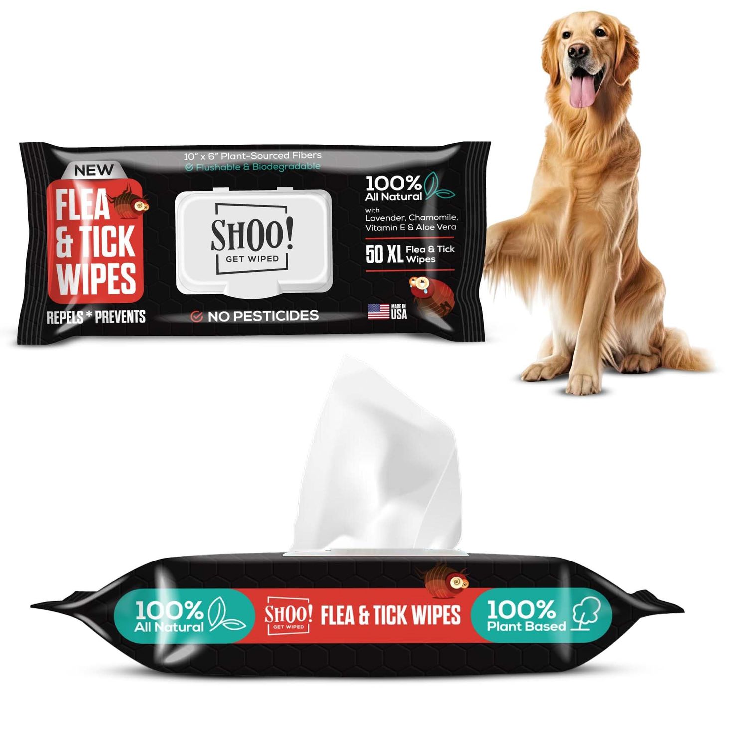 Shoo! Flea & Tick Wipes | Convenient, Easy On-The-Go Protection | Plant Based, Natural Oils, Chemical Free | Repels & Prevents | 50 XL Wipes (2 Pack) | Original -Lavender