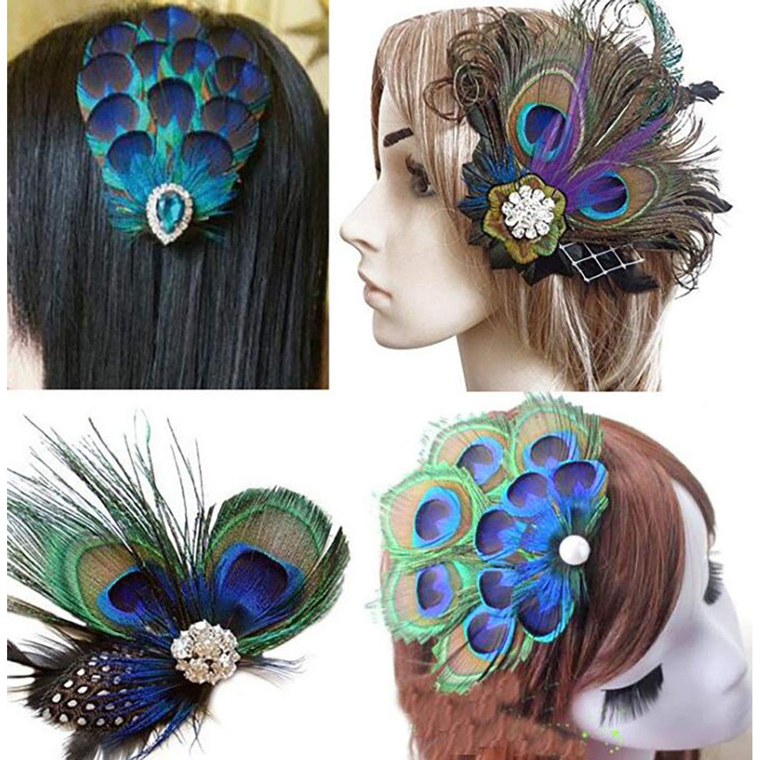 Women Bohemian Peacock Feather Hair Clip Hair Pin Elegant Fascinator Wedding Dance Party Headdress Headwear Hair Accessory Sequined Showgirl Headpiece (Style 3)