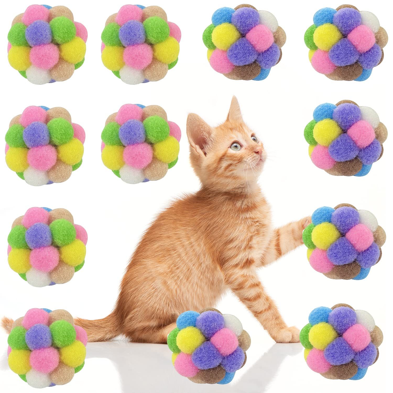 AQSXO 2 Inches Cat Toy Balls with Bell, Colorful Soft Fuzzy Balls, Cat Toys for Indoor 12 Pieces.