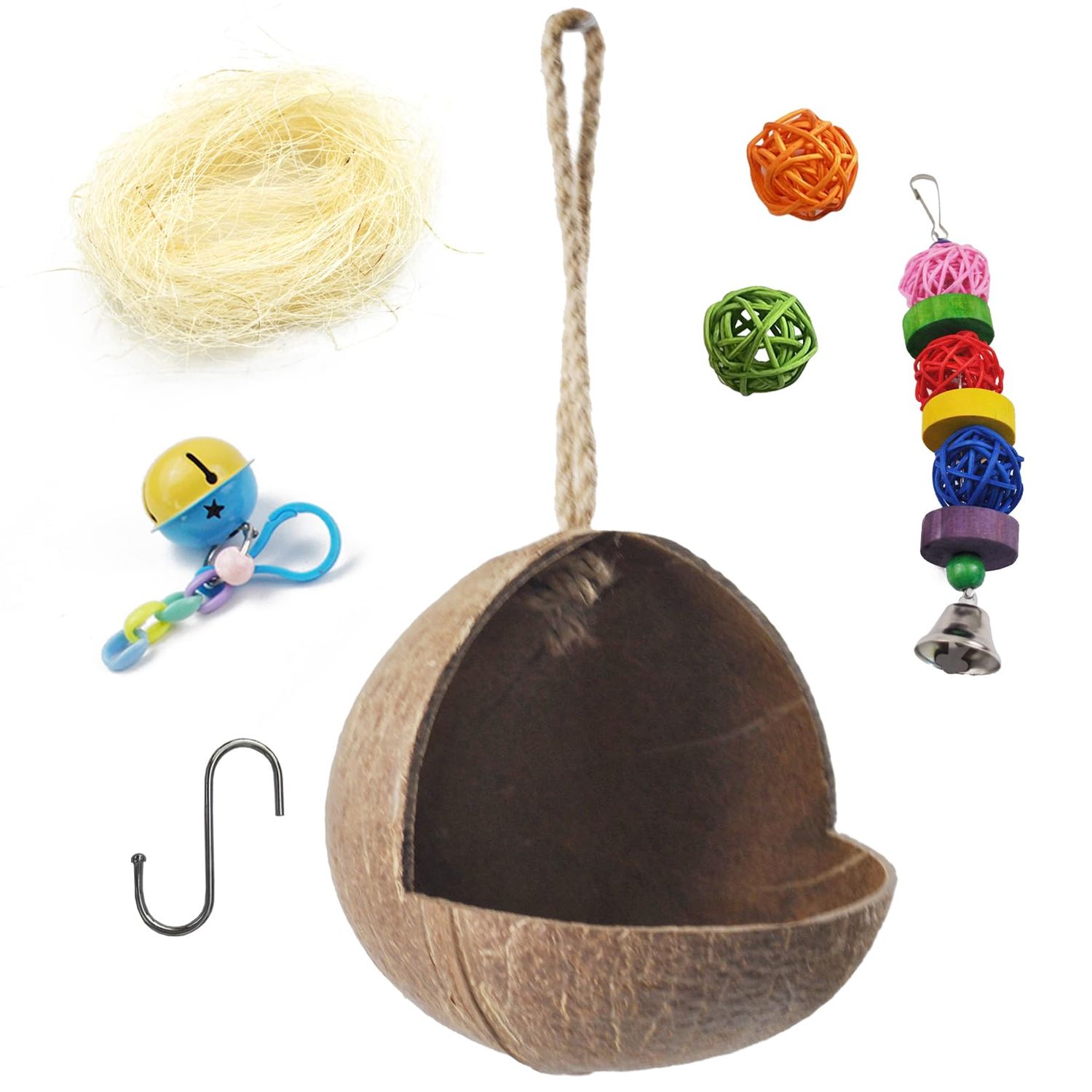 MUYG Natural Coconut Bird Nest,Hanging Coco Birds House Habitats Decor,Parrots Coconut Shell Nest Hideout with Grinding Beak Toys,Bird Cage Accessories Coconut for Canary Lovebird Cockatiel