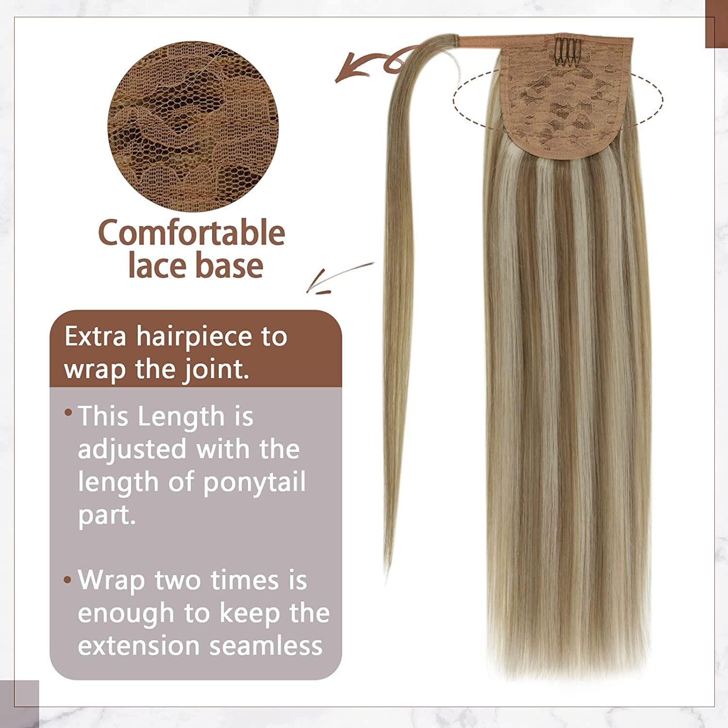 RUNATURE Ponytail Hair Extensions Human Hair 20 Inch 80g Straight Ponytail Human Hair Extensions with Clips Light Brown with Platinum Blonde Natural Wrap Around Ponytail Extension Long Hair Full Ends