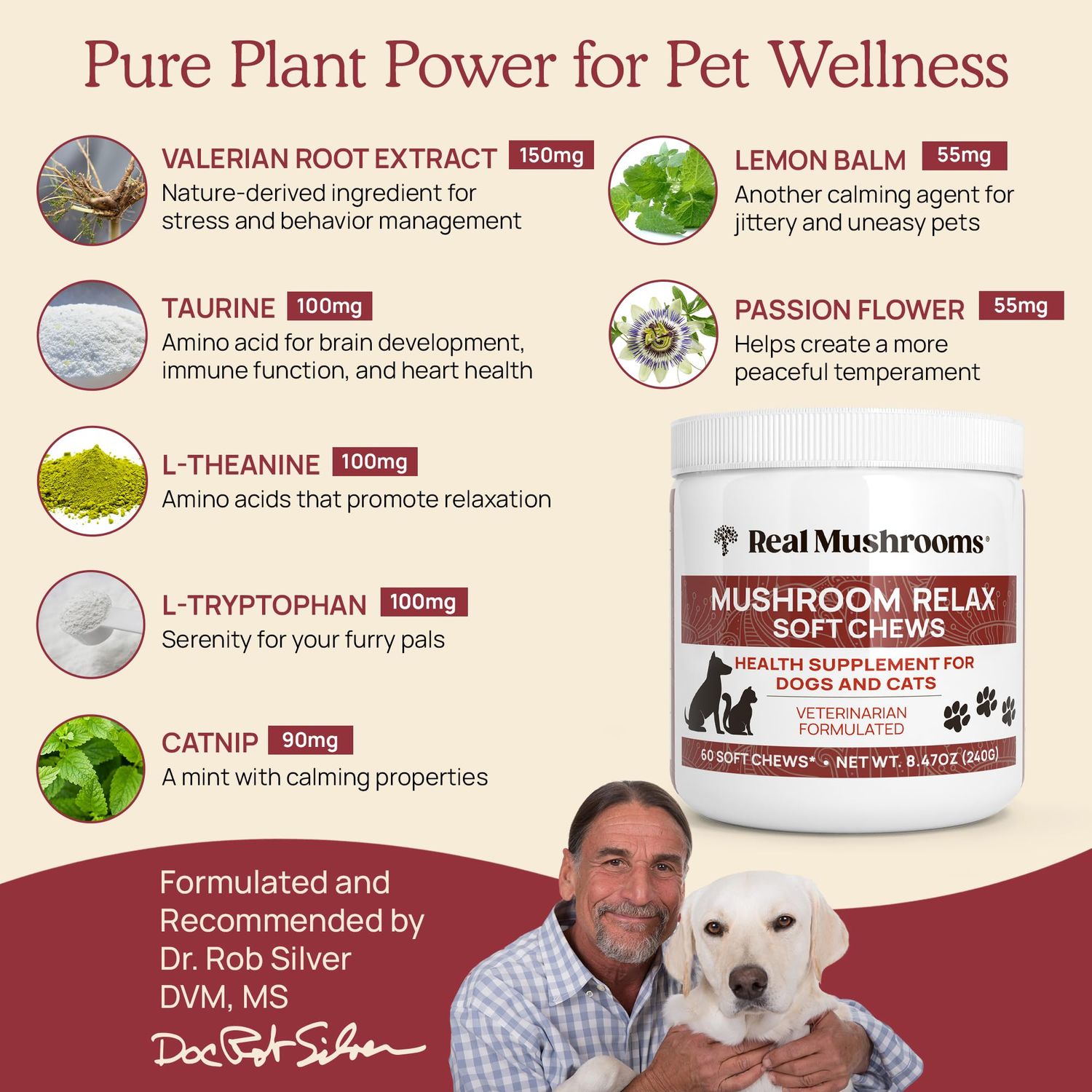 Real Mushrooms Calming Chews for Dogs - Cat Dog Treats w Reishi Lions Mane, Dogs, Relaxation, Bites Pet, 60ct