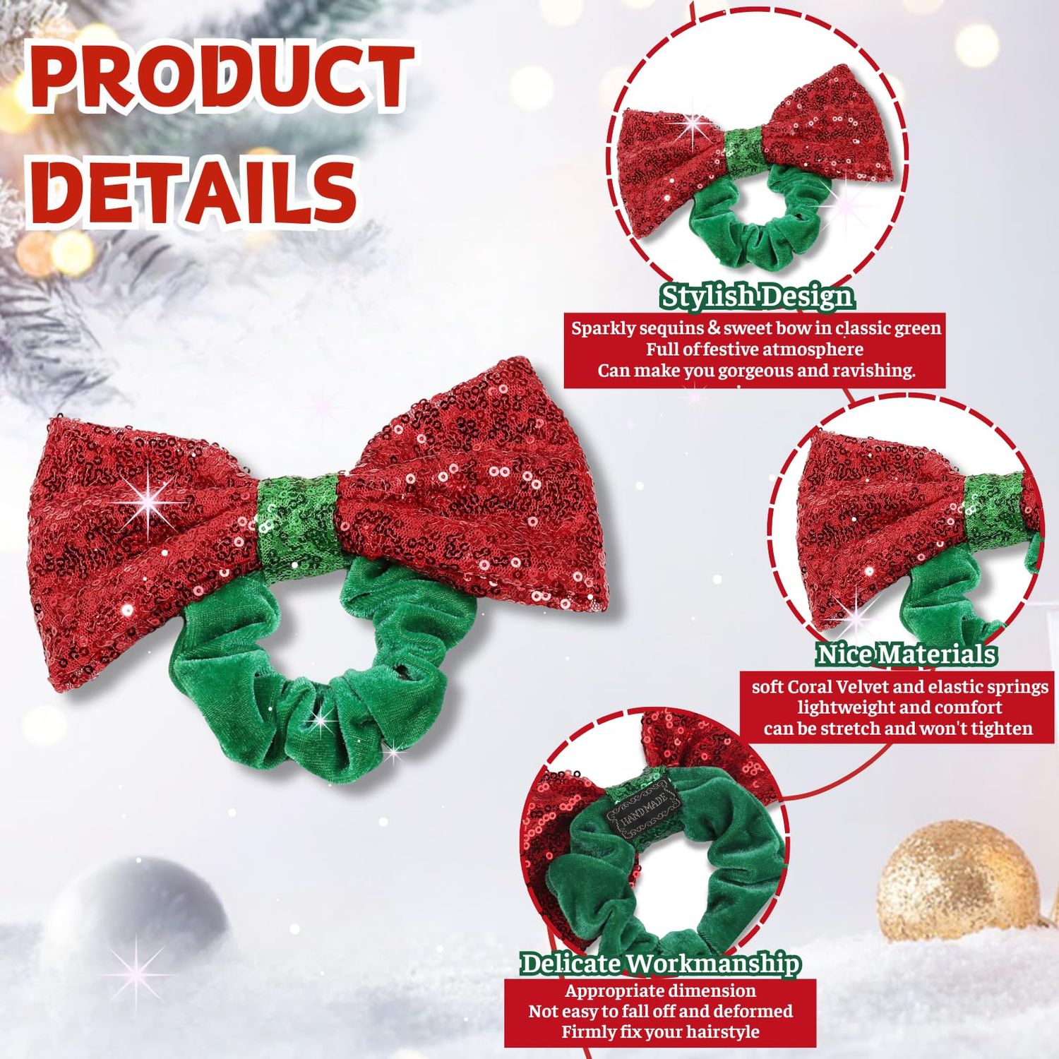 Christmas Bow Hair Scrunchies Sequins Bowknot Hair Ties Red Velvet Elastic Hair Band Ponytail Holder Xmas Hair Accessories for Women Girls