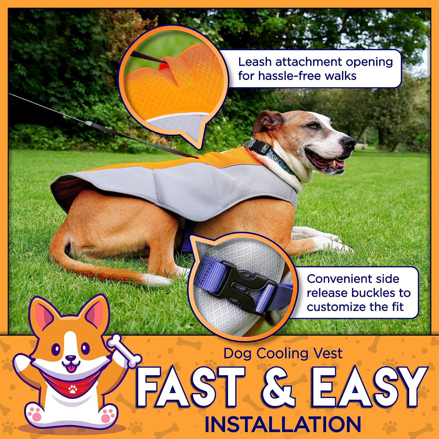 Cooling Vest - Breathable & Evaporative Dog Vest for Hot Summer Days - Adjustable & Lightweight Cooling Jacket with Reflective Strips for High Visibility (Orange/Grey, Medium)