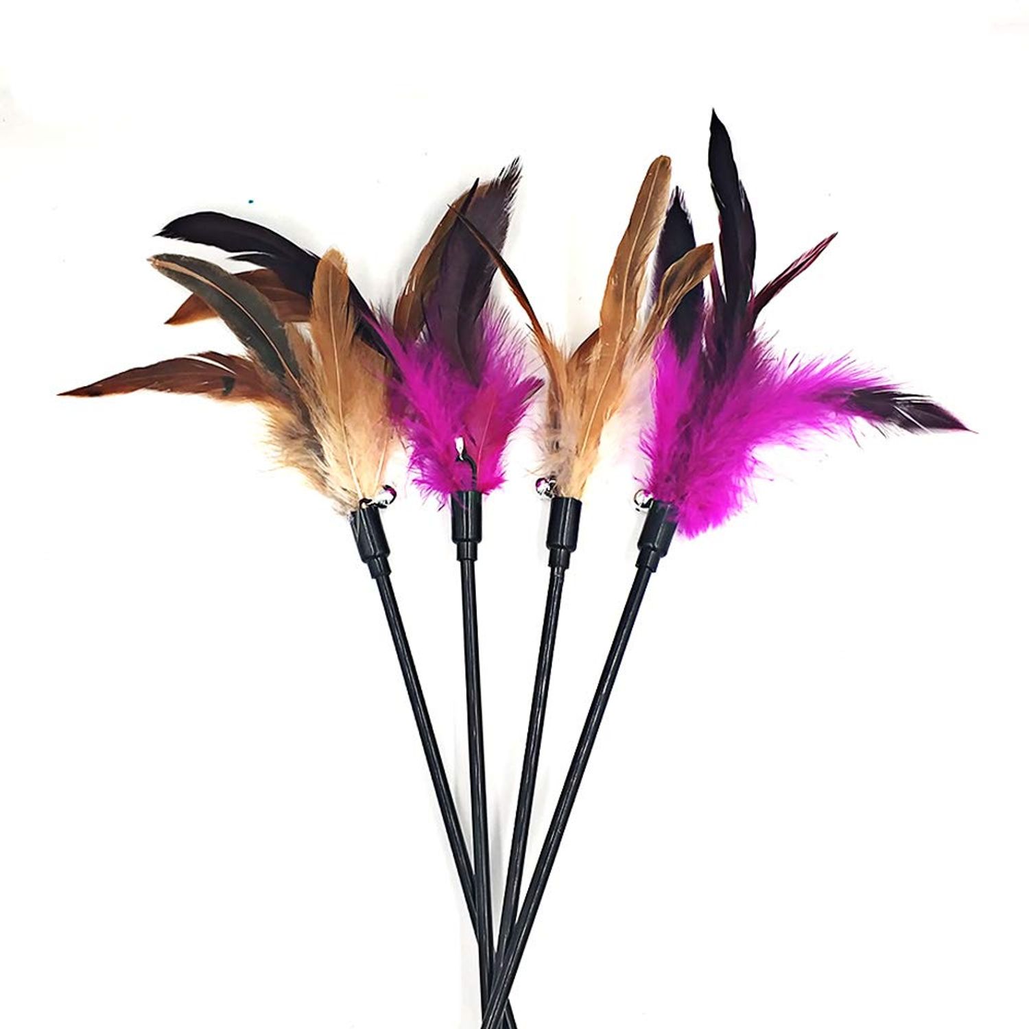 Cat Wand Toys, 4 PCS Interactive Cat Teaser Wand Cat Feather Toys with Loud Bell - 20" Long Wand for Cat and Kitten