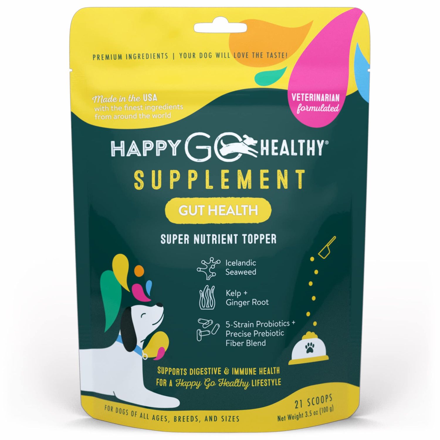 Happy Go Healthy Dog Gut Health Probiotics Supplement | Improves Digestive Health and Immune System Support for Dogs and Puppies | All Natural Ingredients Tasty Kibble Dog Food Topper | 21 Count Pack