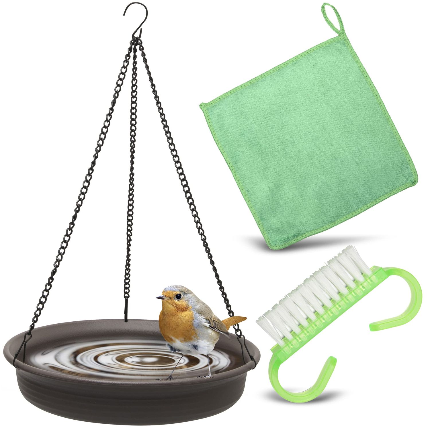 Magerdy Fields 12 Inch Hanging Bird Bath - 3 Chains with an S Hook - Complete with Microfiber Cleaning Cloth and Brush - Bird Bath for Outside - birdbaths for Outdoors- Crow Feeder