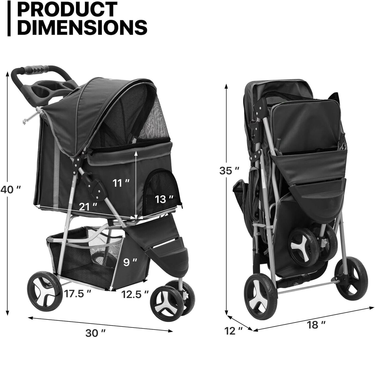3 Wheels Foldable Pet Strollers Portable Travel Carrier with Cup Holder Black