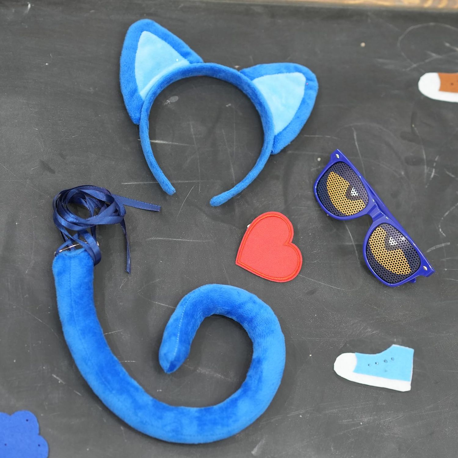 DDazzling Blue Cat Ears Headband and Tail Set Read Book Day Dress Up,Halloween Cat Costume Family Accessories (Blue)