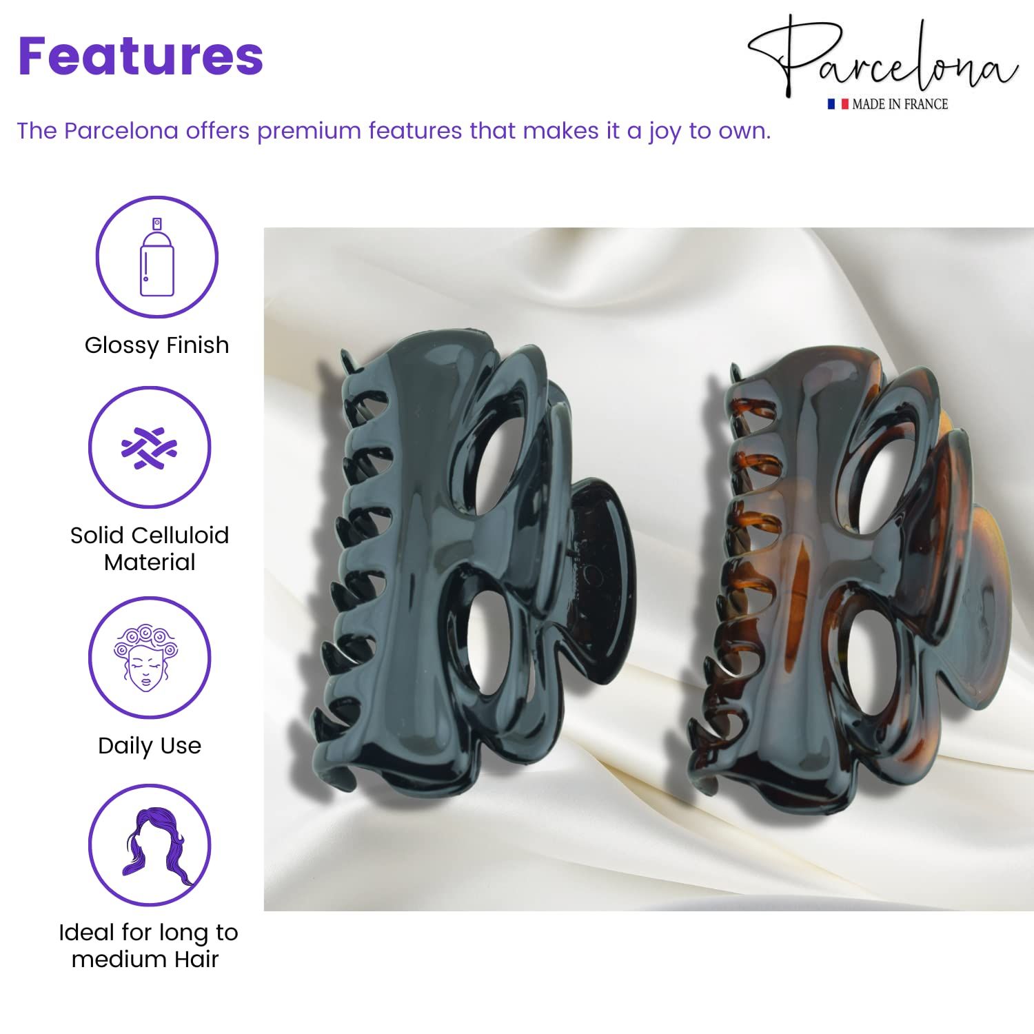 Parcelona French Chat Yeux 3 1/2" Shell and Black Celluloid Set of 2 Non Slip Hair Claw Clips for Women, Made in France