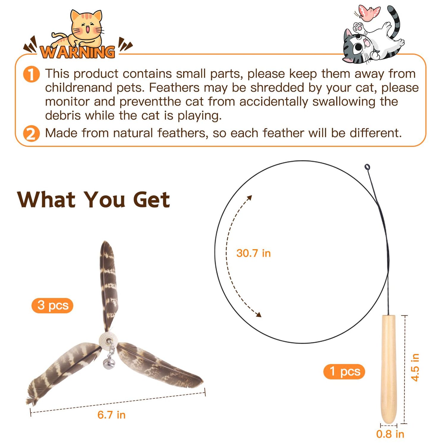 HOSFROLL Cat Toys Interactive for Indoor Cats, Cat Wand Toys with 3 Feather Refills, Sturdy Wood Handle with Flexible Steel Wire for Kitten, Feather Toys Refills for Bored Indoor Adult Cats