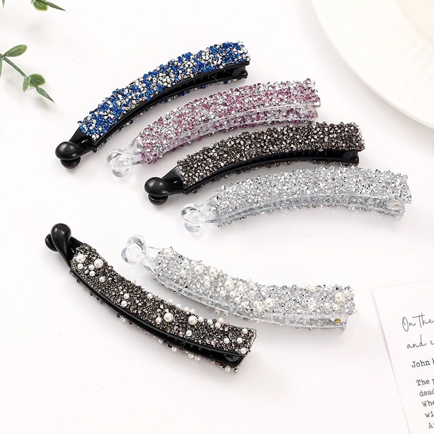 12 Pcs Rhinestones Pearl Banana Hair Clip for Thick Hair, Strong Hold Ponytail Holder Banana Clips Matte French Barrettes Fine Hair Jaw Clips Accessories for Women