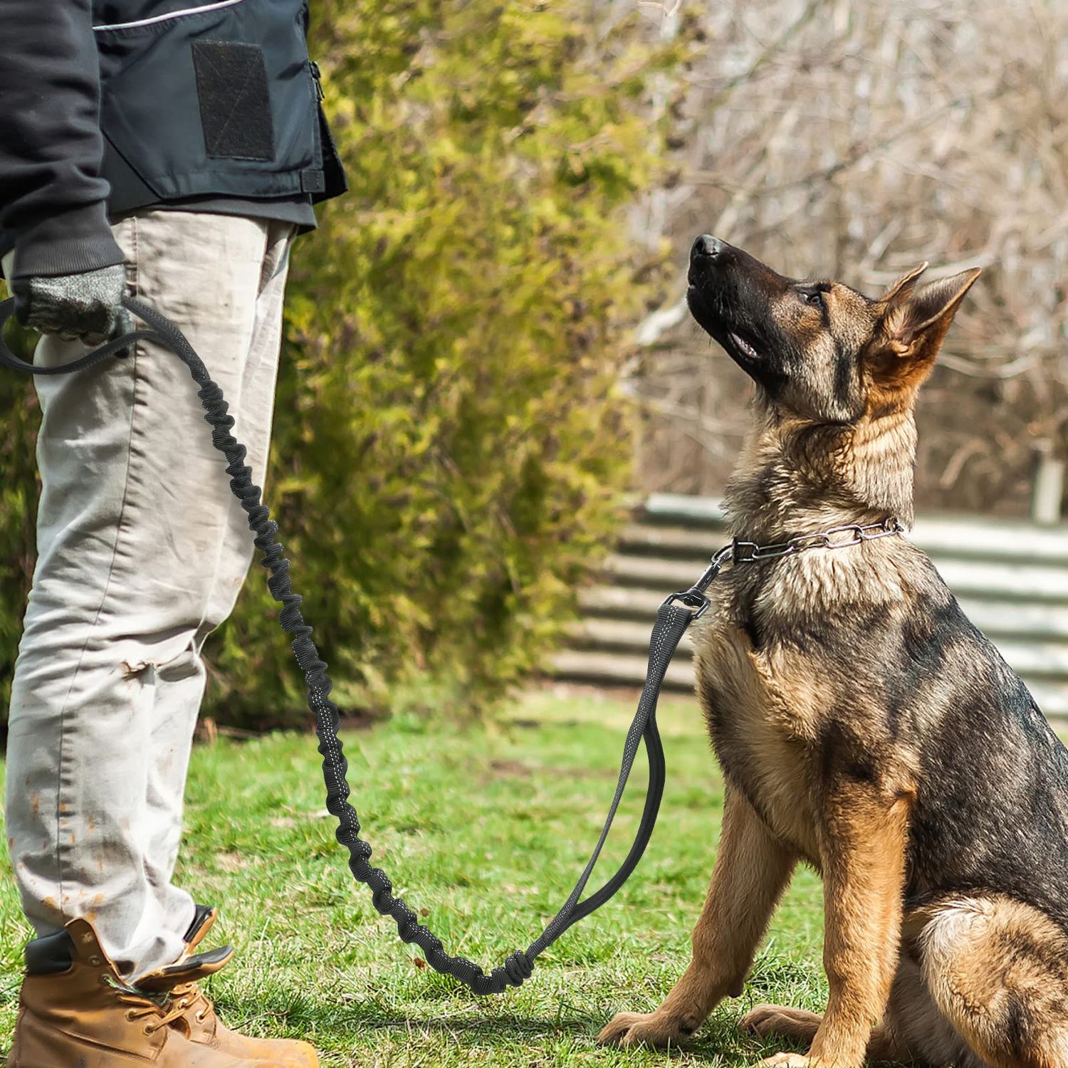 rabbitgoo Tactical Dog Leash, Bungee Dog Training Leash with Shock Absorption, Black Military Dog Leash with 2 Padded Control Handles for Medium Large Dogs, 5.2FT