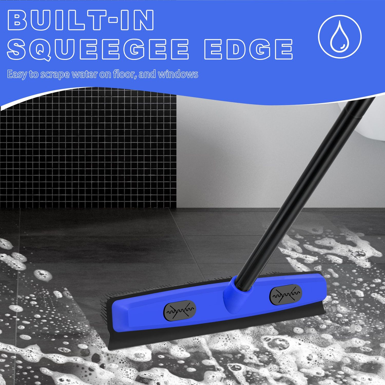 Dolanx Rubber Broom Carpet Brush with Squeegee, Pet Hair Remover with 52.8 inches Long Handle, Detailing Lint Fur Removal Tool, Silicone Rug Rake for Cleaning Hardwood Floor, Tile, Window (Blue)