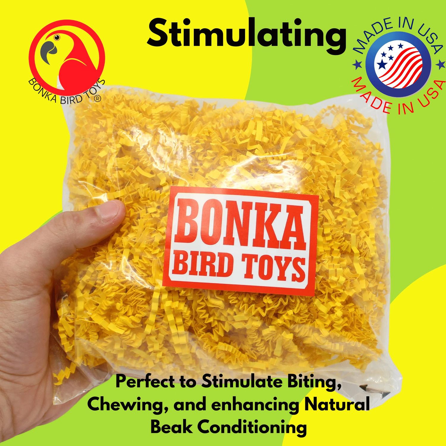 Bonka Bird Toys Colored Crinkle Shred Paper Chew Forage Nesting Natural Multi-Use Craft Part Projects Cockatiels Parakeets Conures Amazons and Other Similar Birds (Yellow)