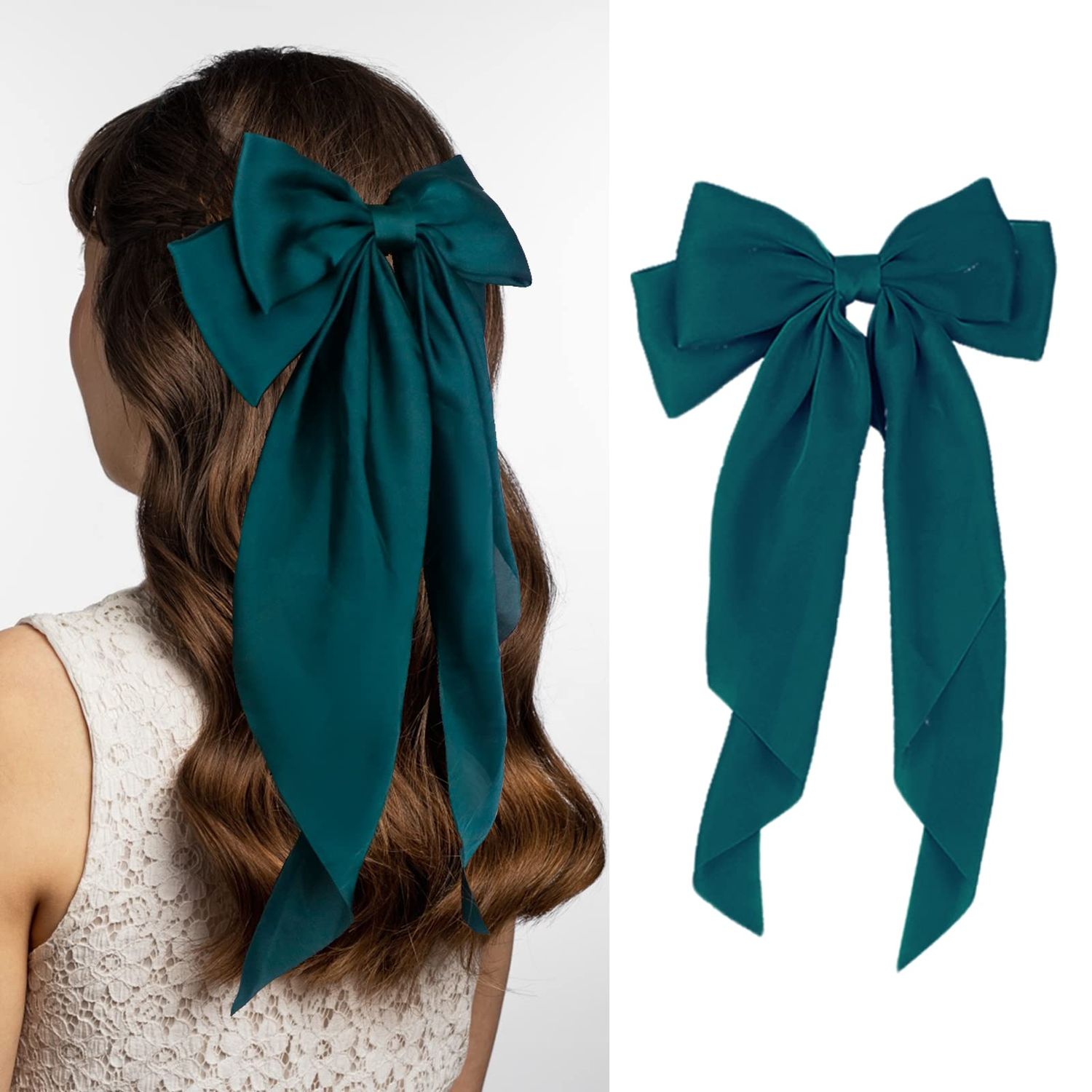 Large Satin Layered Hair Bows Hair Barrettes Clip Long Ribbon Bows Silky Bowknot with long Tail French Style Hair Accessories for Women Girls, 5 Colors