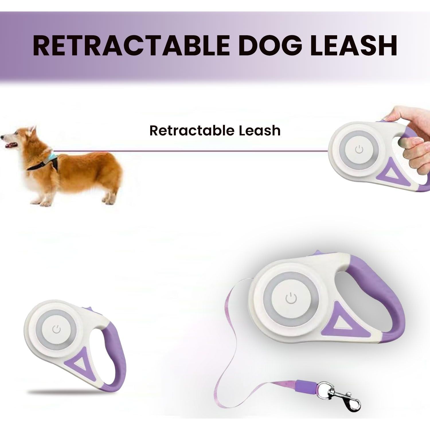 Best Dog Supplies | Pink Retractable Dog Leash with Light, Poop Bag Dispenser, Poop Bag Holder, 2 Elastic Ropes | Set of 4 (Purple)