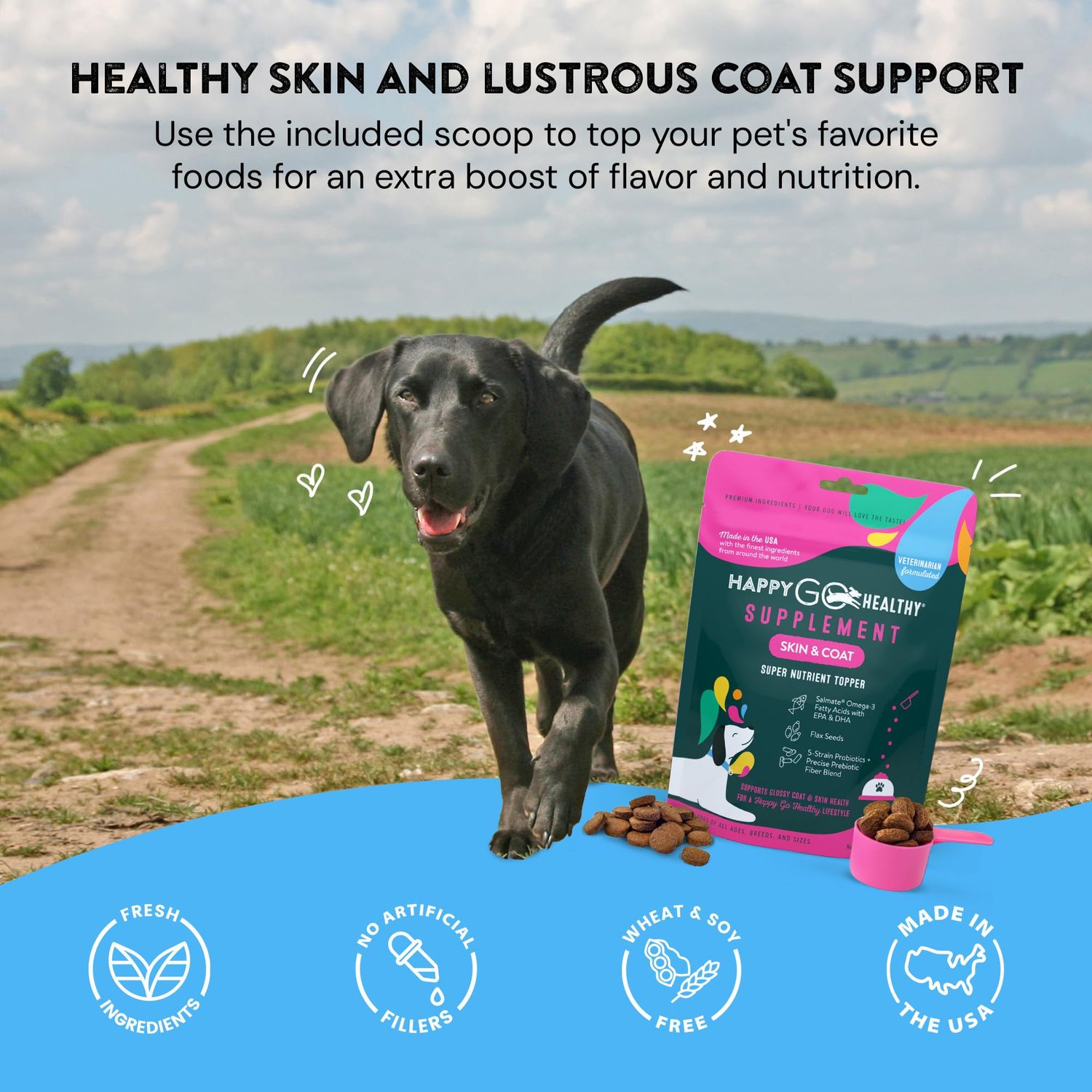Happy Go Healthy Skin & Coat Supplements for Dogs | Dog Itching Skin Relief & Promotes Shiny Skin Coat for Dogs | Rich in Omega 3 All-Natural Ingredients Tasty Kibble Dog Food Topper | 21 Count Pack