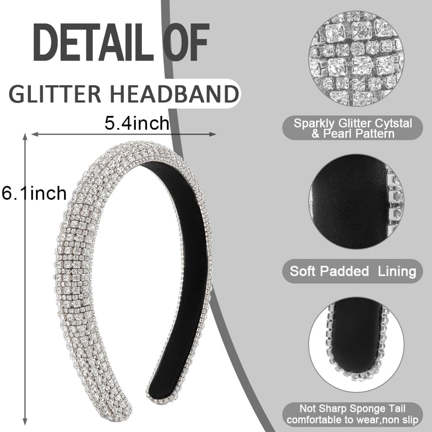AHONEY Rhinestone Headband for Women Girls, Hair Bling Crystal Glitter Sparkly Diamond Padded Headband Fancy Jeweled Headpiece Holiday Hair Accessories Birthday Gifts (Silver)