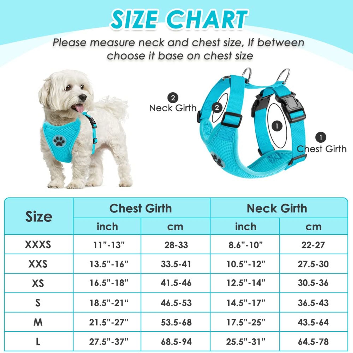 SlowTon Dog Car Harness Seat Belt Set, Dog Vest Harness Adjustable Mesh Breathable & Vehicle Safety Seatbelt Tether with Elastic Bungee for Small Medium Large Pets (Light Blue, M)