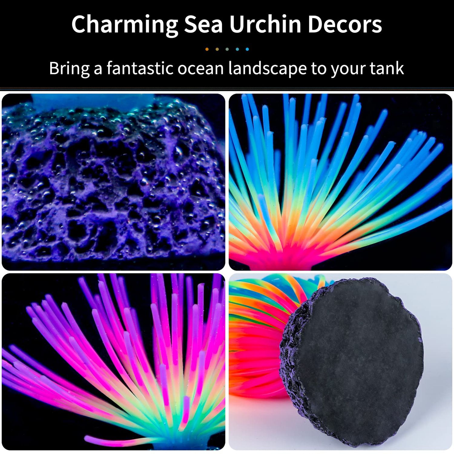 Uniclife Aquarium Imitative Rainbow and Iridescent Blue Sea Urchin Balls Artificial Silicone Ornament Set with Glowing Effect for Fish Tank Landscape Decoration