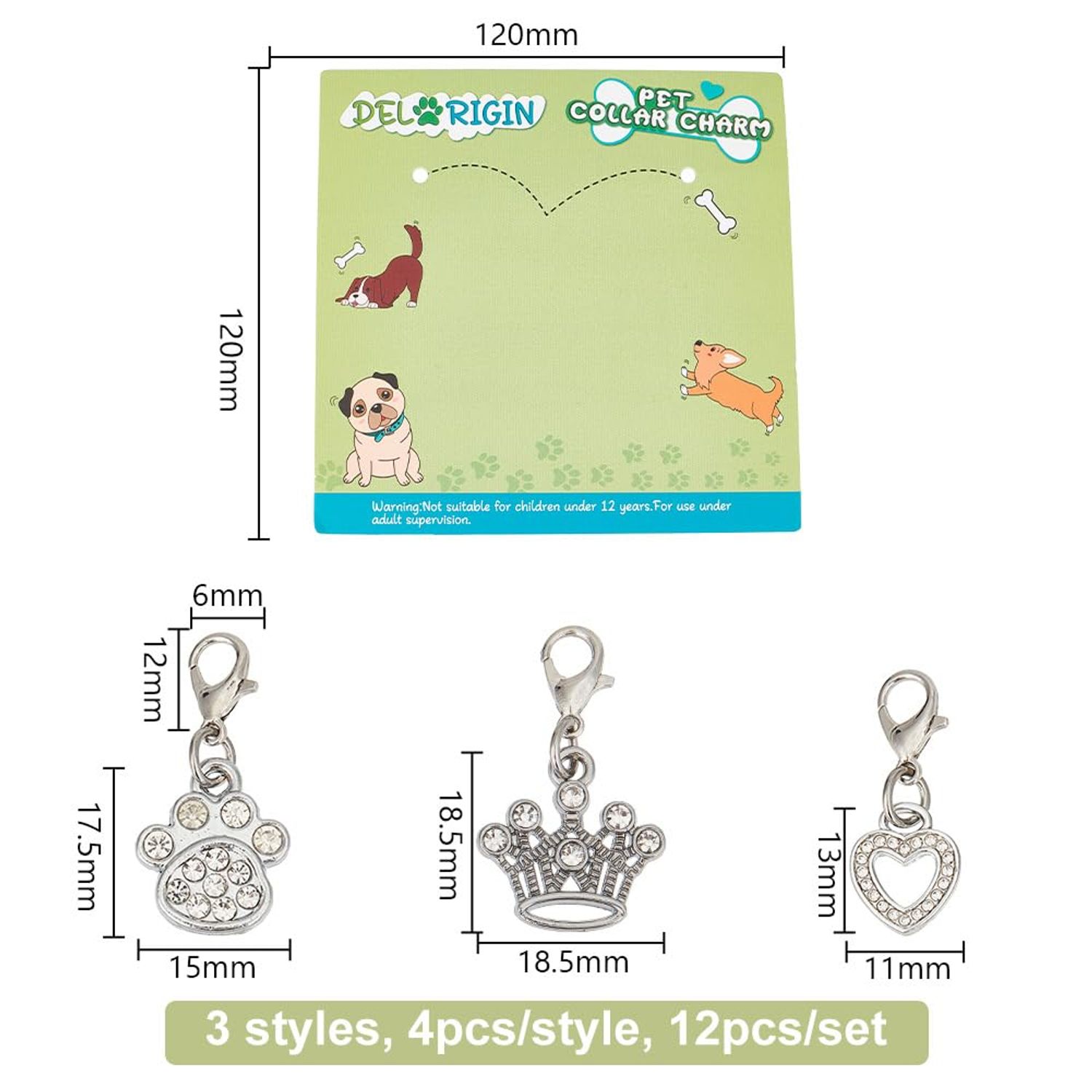 DELORIGIN 12pcs Alloy Pet Collar Charms Pendant 3 Styles Paw Heart Crown Cat Dog Pendants Rhinestone Key Chain Glitter with Carabiner Jewelry Clip-on Charms for Bag Necklace Bracelet Home Decor
