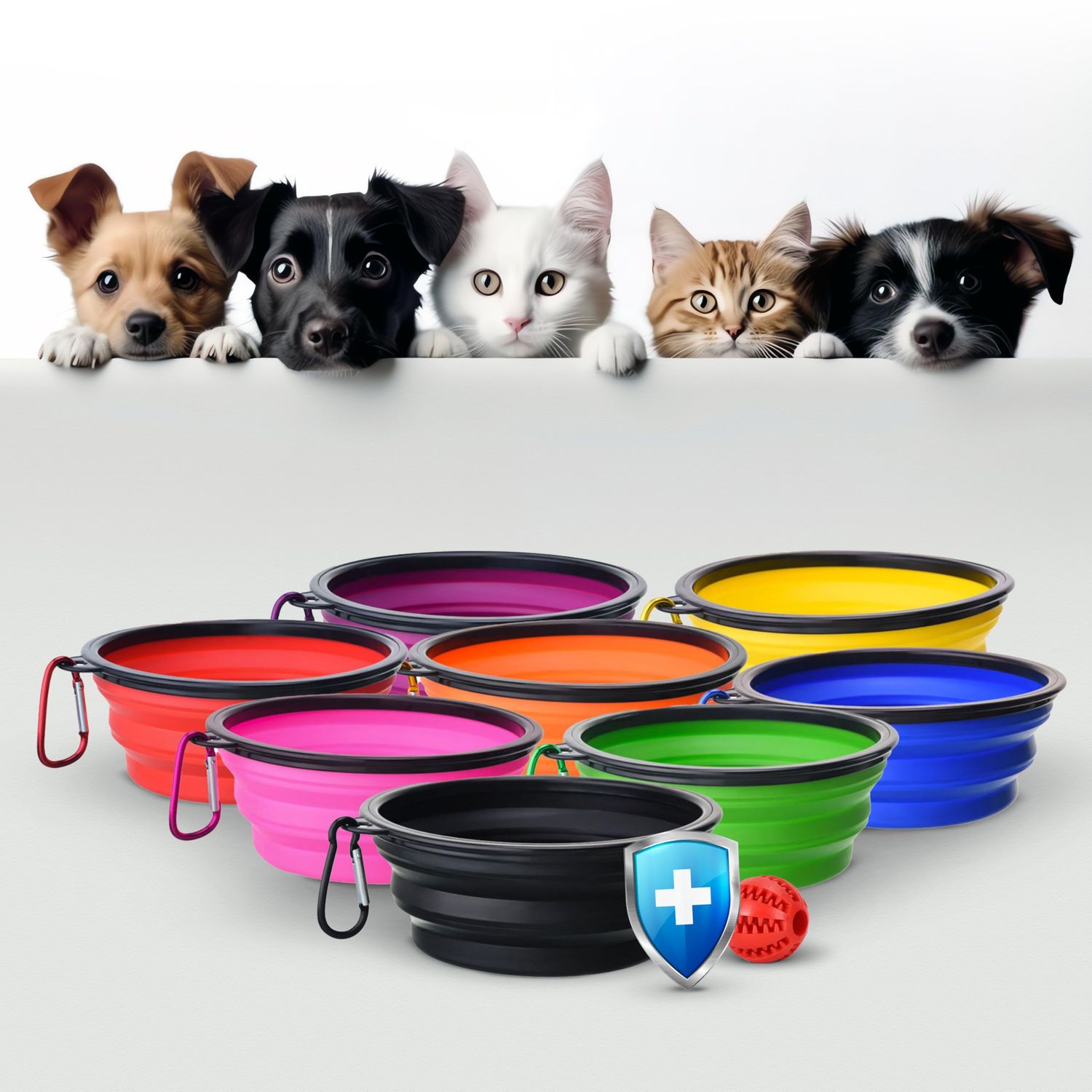Generic Collapsible dog bowls, 350 ml | Orange Travel Bowls | 2 Pack Portable Water Fountain for Dogs, Cats and Pets with 2 Carabiners | and toy ball for dogs and cats | BPA free