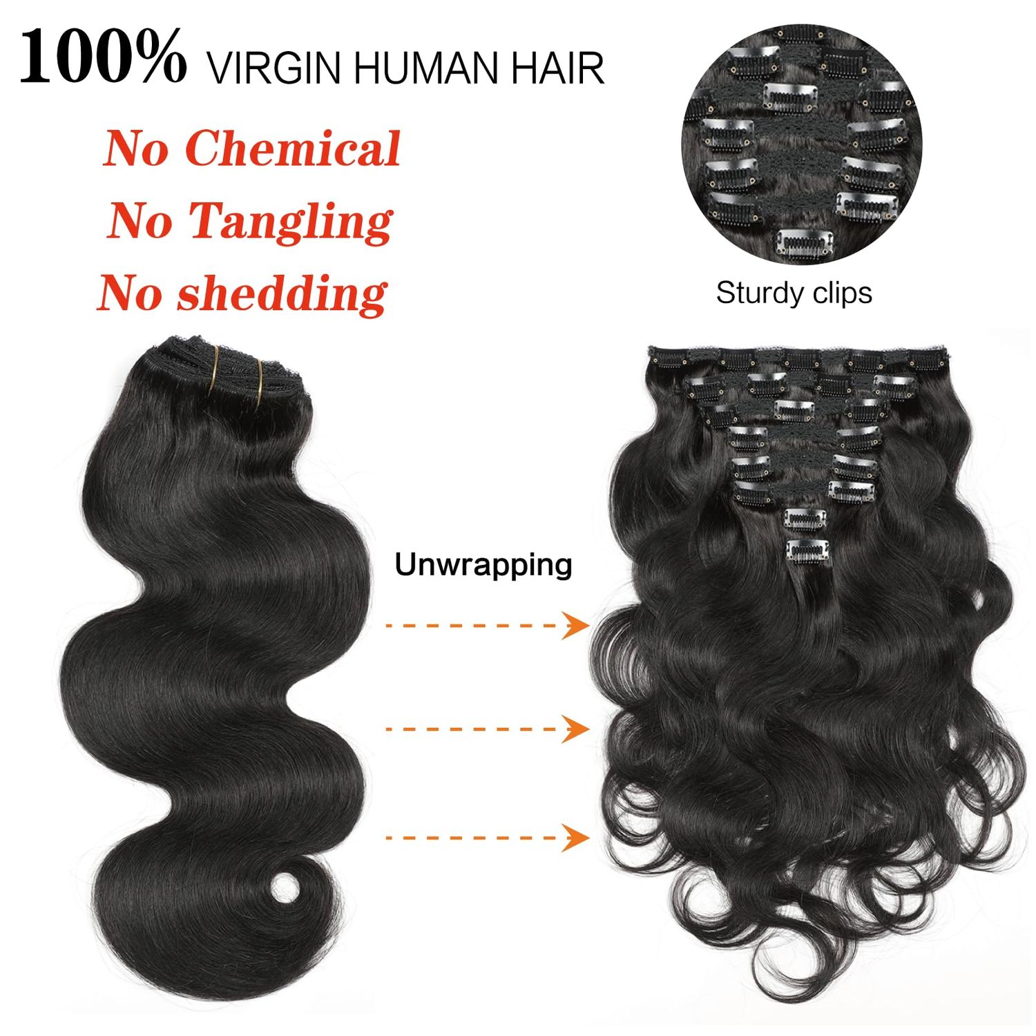Yacurcur Body Wave Clip Ins Human Hair 8Pcs/Set 120 Gram Body Wave Clip in Hair Extensions 10A Brazilian Virgin Human Hair for Black Women Natural Black Color 20 Inch