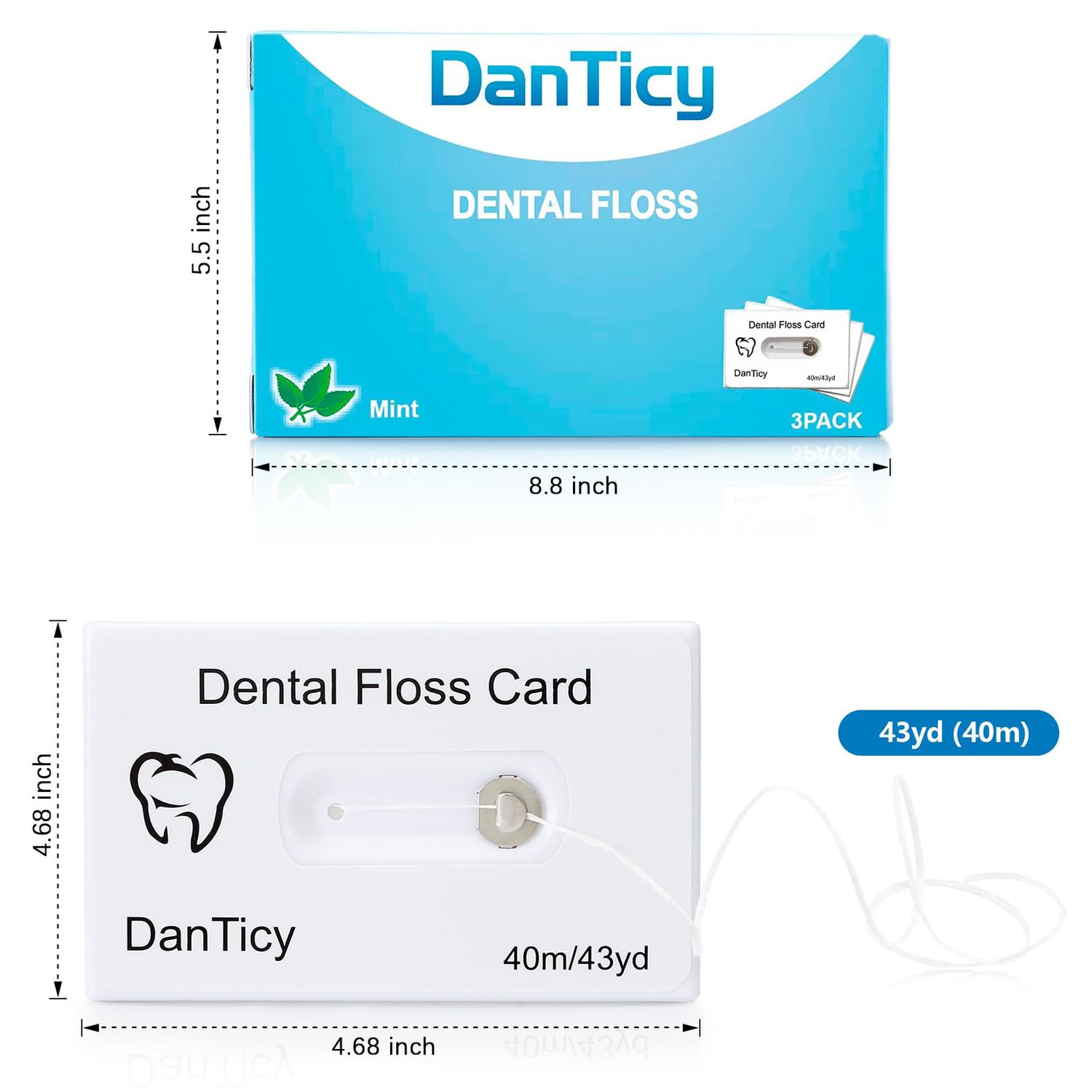 Dental Floss Deep Clean Waxed Floss in a Credit Card with Mirror,Perfect for People with Tight & Small Gaps Between Teeth Slides Smoothly & Easily,PFAS Free | Mint Flavored,40m,3 Pack(About 131Yards)