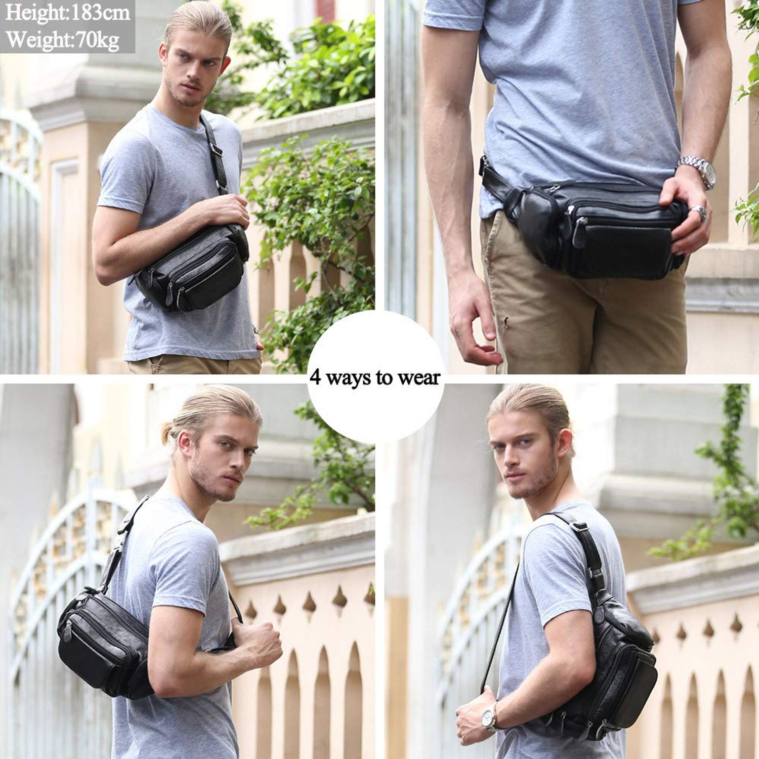 TIDING Men's Genuine Leather Fanny Pack Large Capacity Work Office Travel Waist Bag, Black