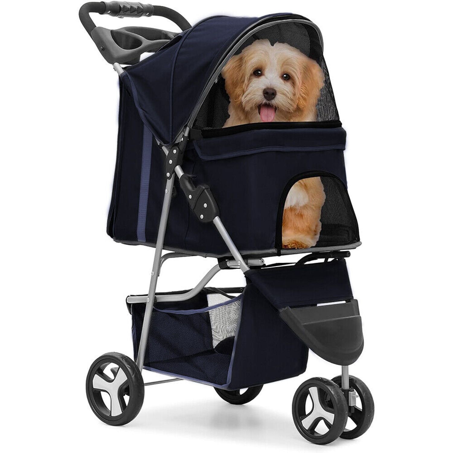 Foldable Pet Stroller fr Cats &Dogs 3 Wheels Carrier Cart w/Cup Holder Navy Blue
