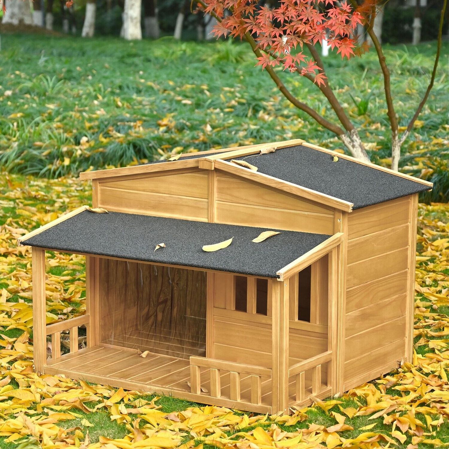 Outdoor Wooden Raised Dog House Pet Kennel w/ Porch, Medium, 40 lbs