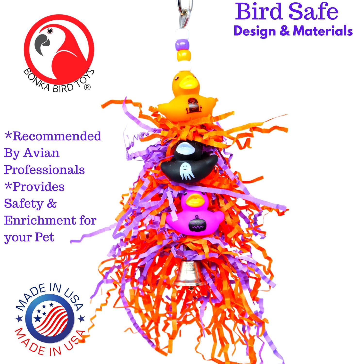 Bonka Bird Toys 2532 Triple Spooky Duck 9" x 3.50", Medium Bird, Chew Preen Halloween Cage Toy, Conure, Quaker, Pionus, and Similar