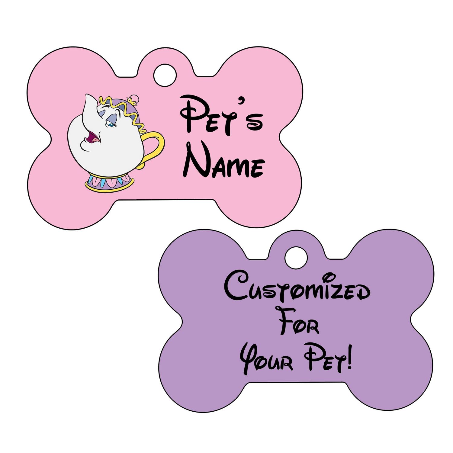Beauty and The Beast Mrs Potts Double Sided Pet Id Tag for Dogs & Cats Personalized with 4 Lines of Text