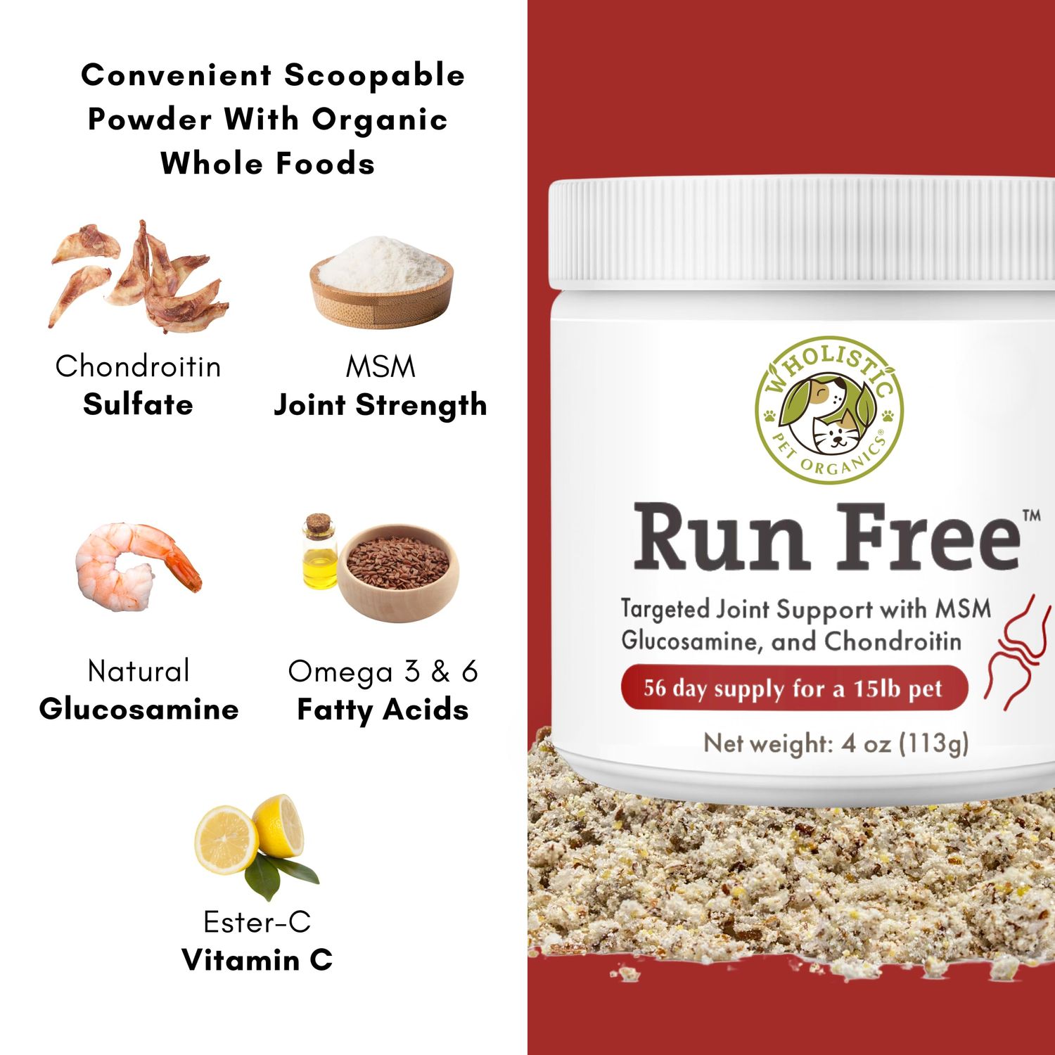 Wholistic Pet Organics Run Free - 4 Oz - Dog Joint Supplement for Senior Dogs, Glucosamine Chondroitin MSM, Dog Vitamins, Cat Joint Pain Relief