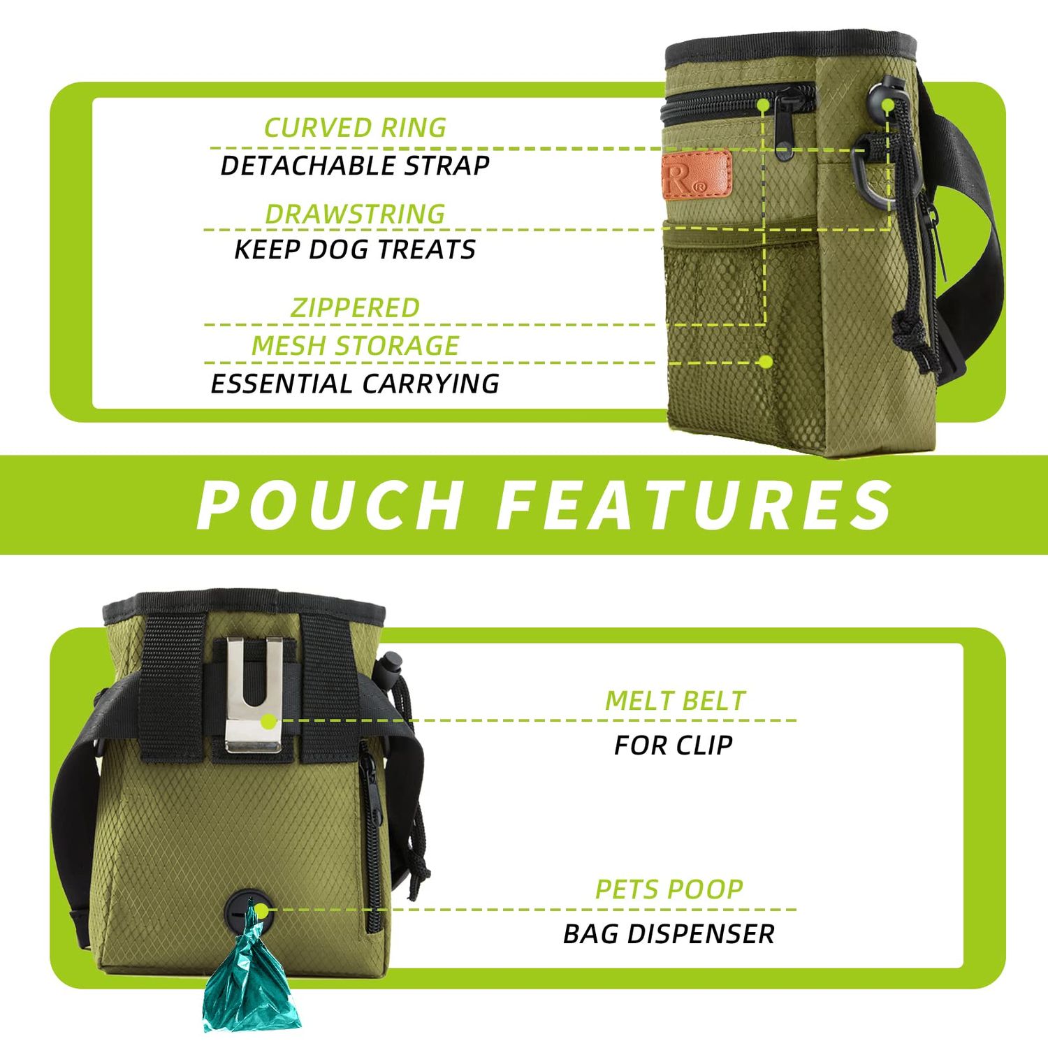 KHPR Dog Treat Training Pouch Easily Carries Pet Toys Kibble, Treats Built-in Poop Bag Dispenser 3 Ways to Wear Comes with a Foldable Silicone Bowl(Army Green)